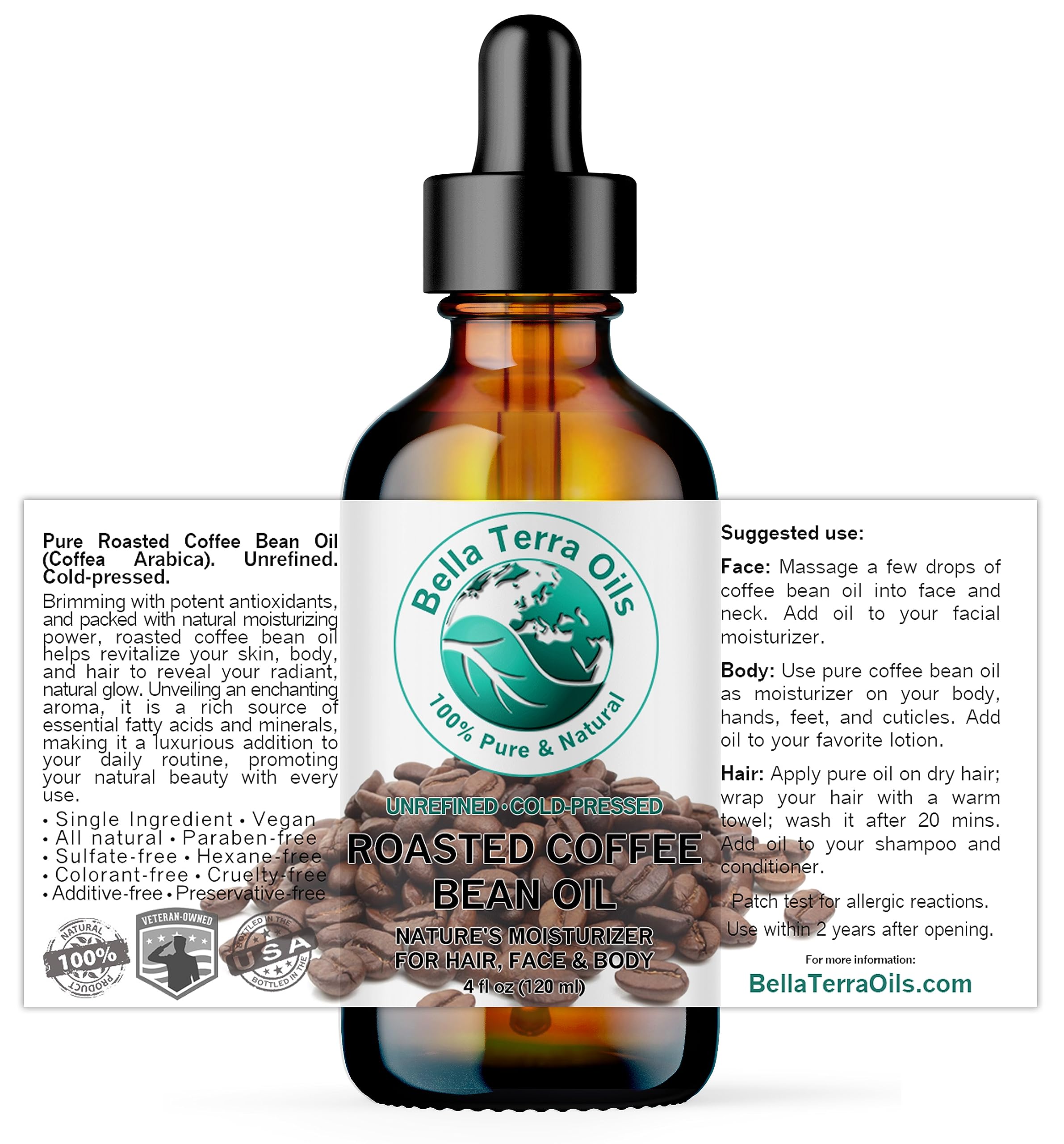 Bella Terra Oils coffee oil pour close-up showing silky, fast-absorbing texture.
