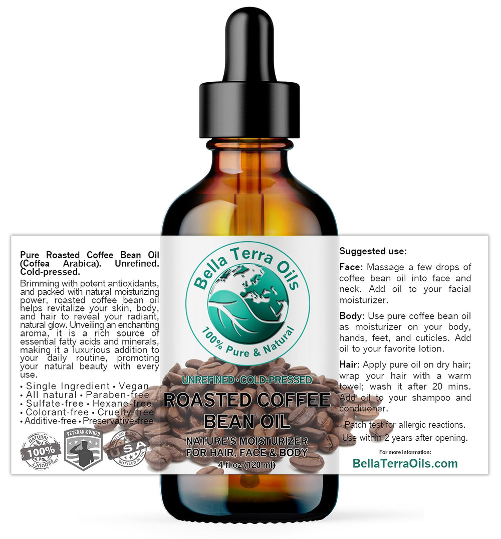 Bella Terra Oils coffee oil pour close-up showing silky, fast-absorbing texture.