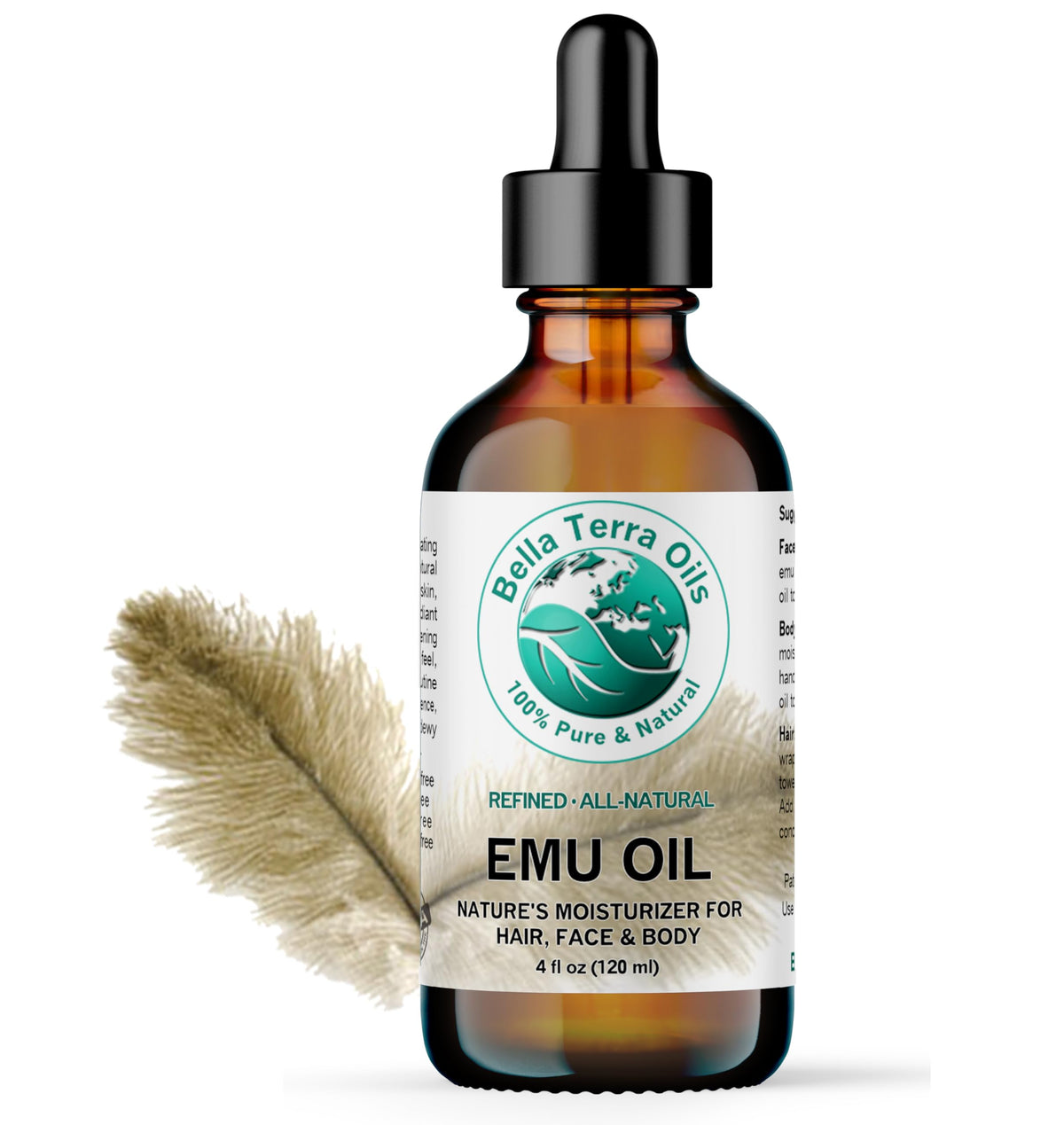Bella Terra Oils Emu Oil 4oz bottle showing pure, versatile skin and hair care potential