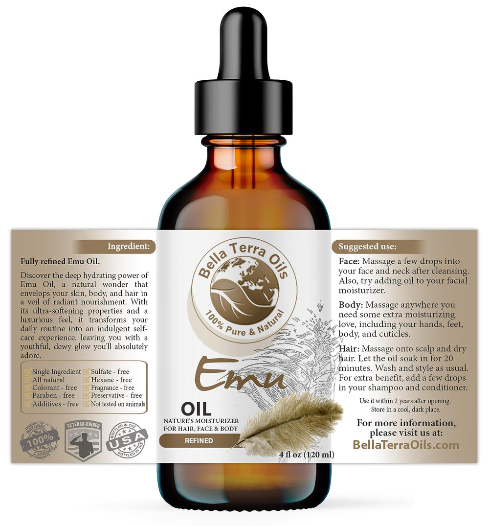 Bella Terra Oils Emu Oil label close-up showing pure, additive-free formulation.