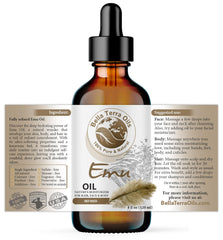 Bella Terra Oils Emu Oil label close-up showing pure, additive-free formulation.