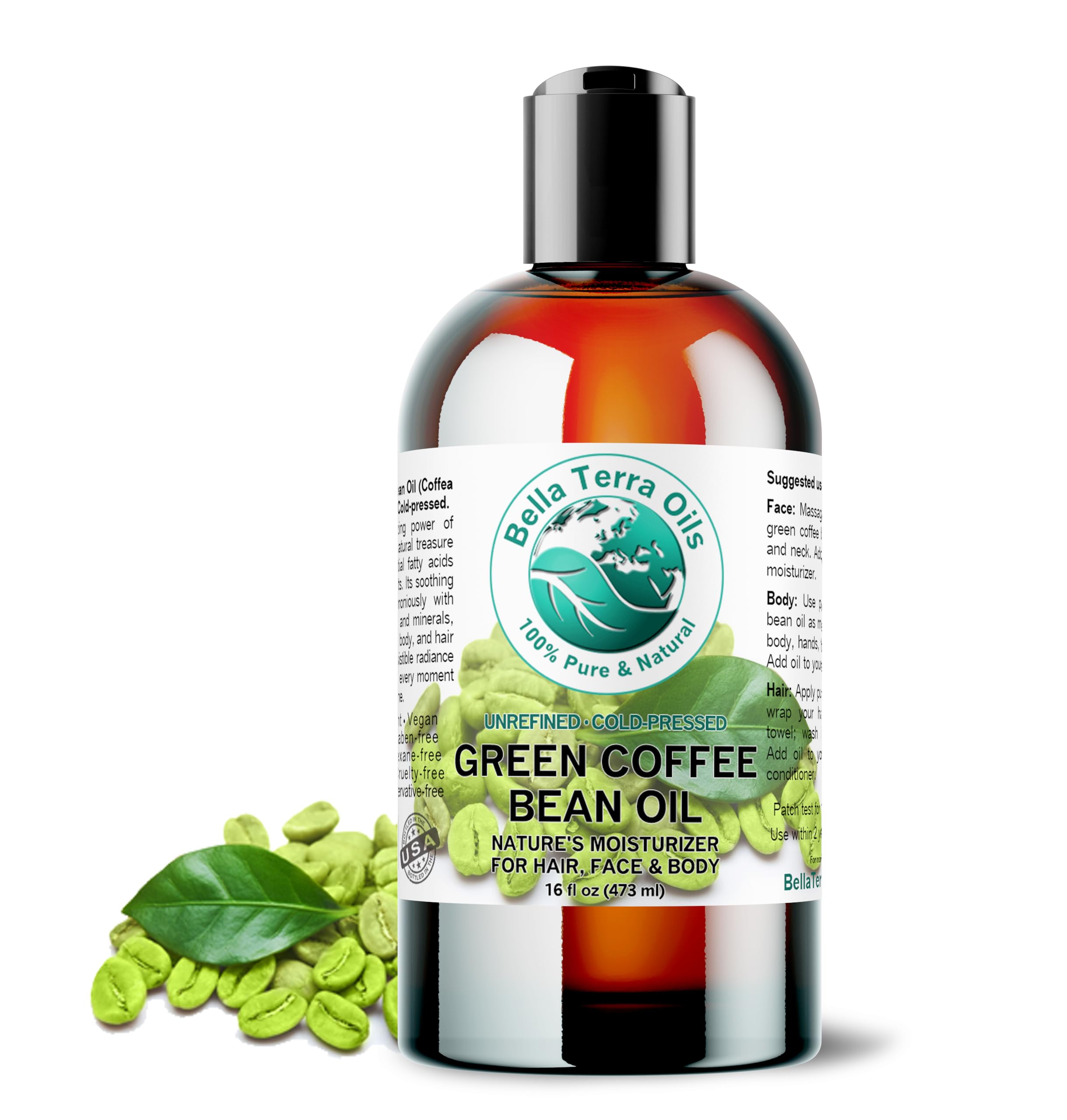 Bella Terra Oils green coffee bean oil 16oz bottle ready for daily skincare use