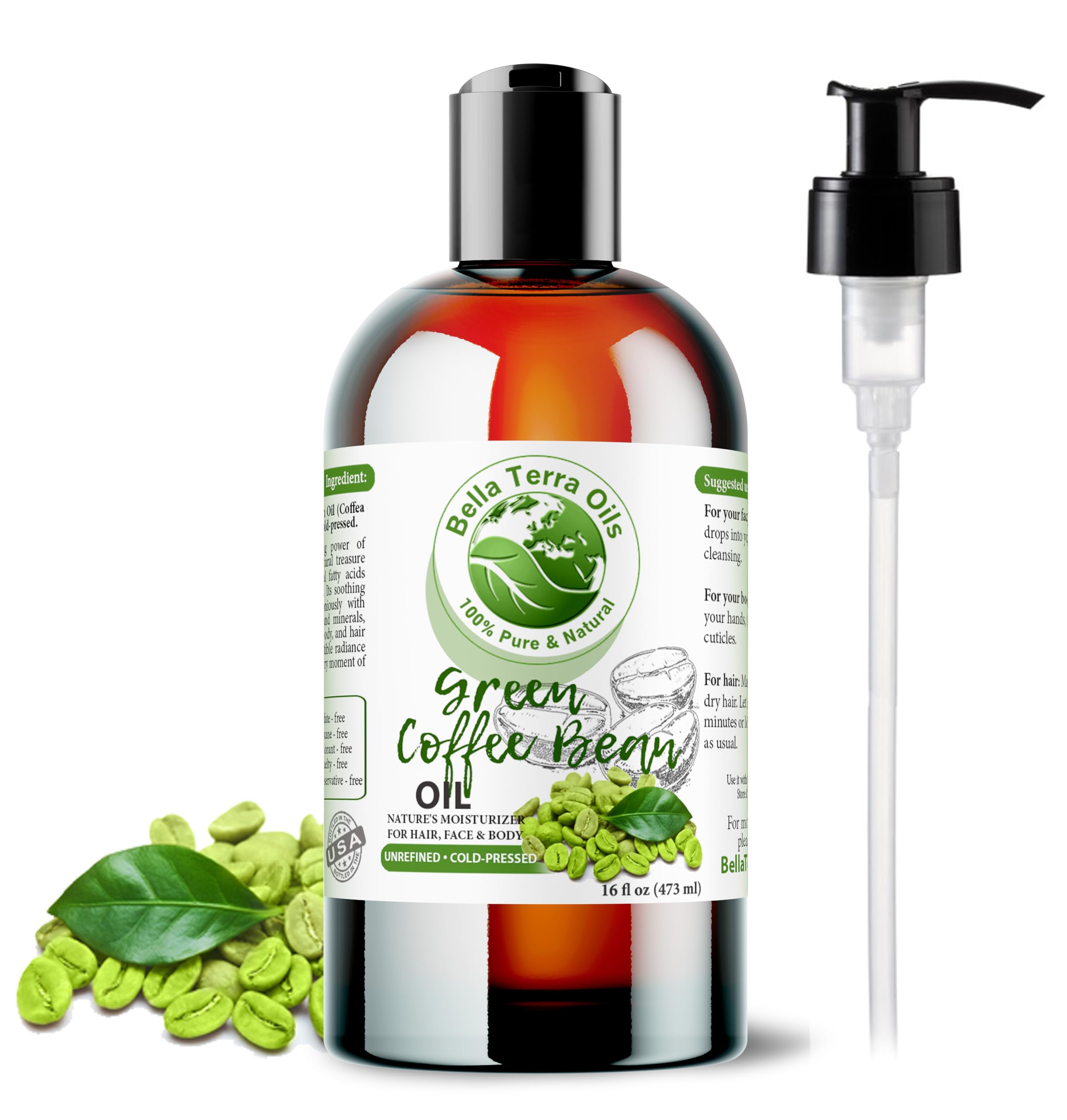 Bella Terra Oils green coffee bean oil 16oz bottle close-up for daily skin nourishment