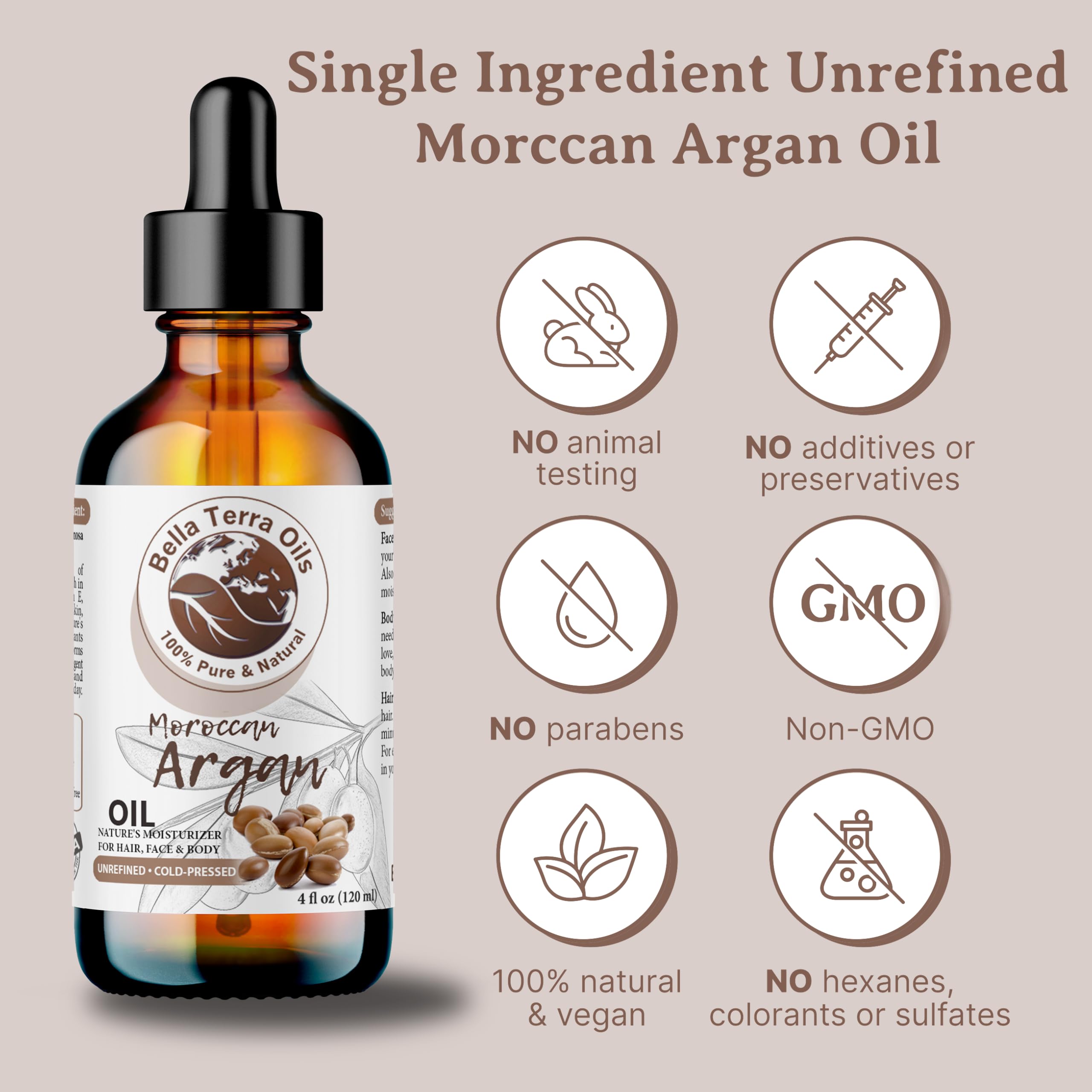 Bella Terra Oils Argan Oil bottle highlights glossy, tangle-free hair with enhanced shine.