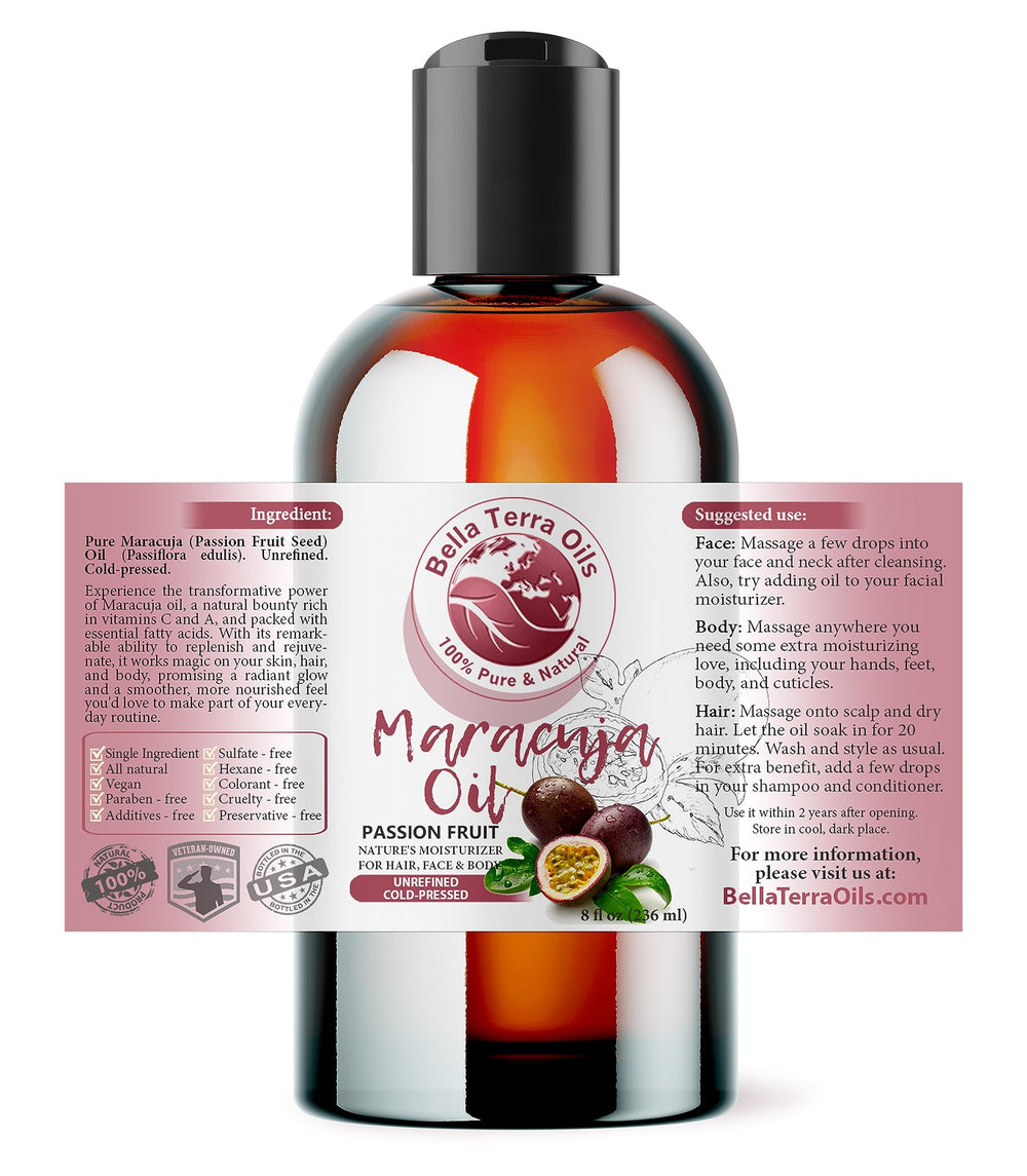 Bella Terra Oils Maracuja oil pours smoothly for quick skin hydration.