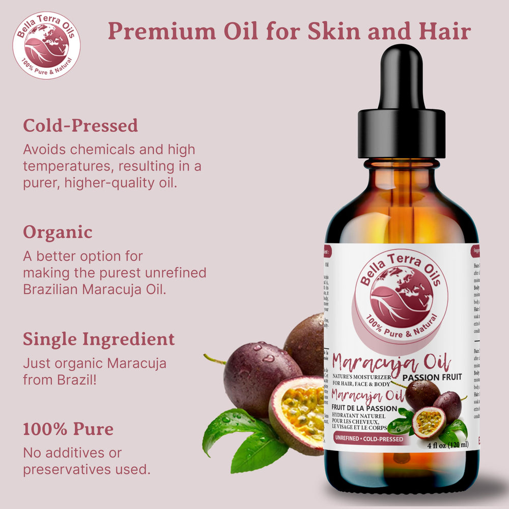 Additive-free Bella Terra Oils Maracuja seed oil for clean beauty.