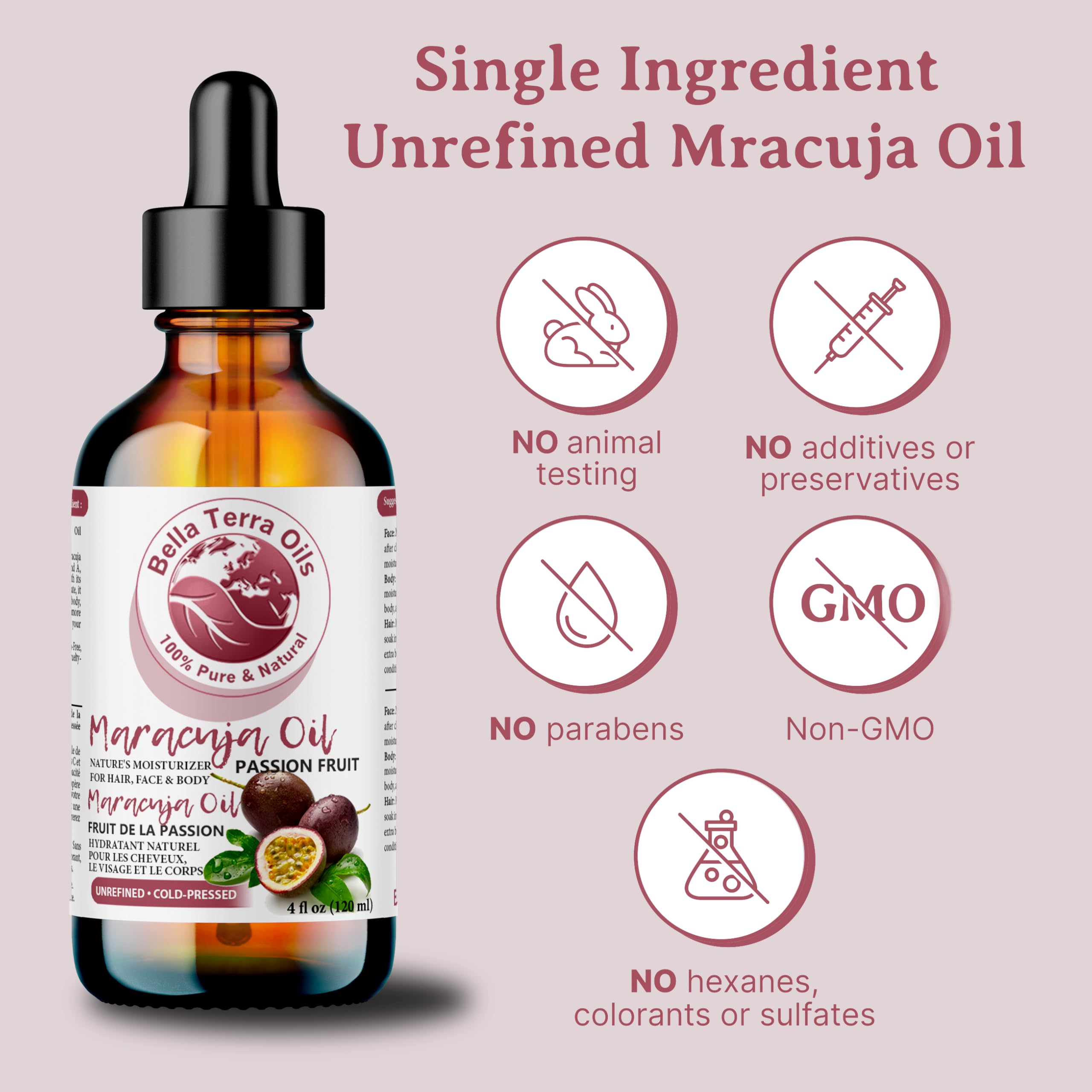 Bella Terra Oils Maracuja seed oil in glass bottle emphasizing premium packaging.