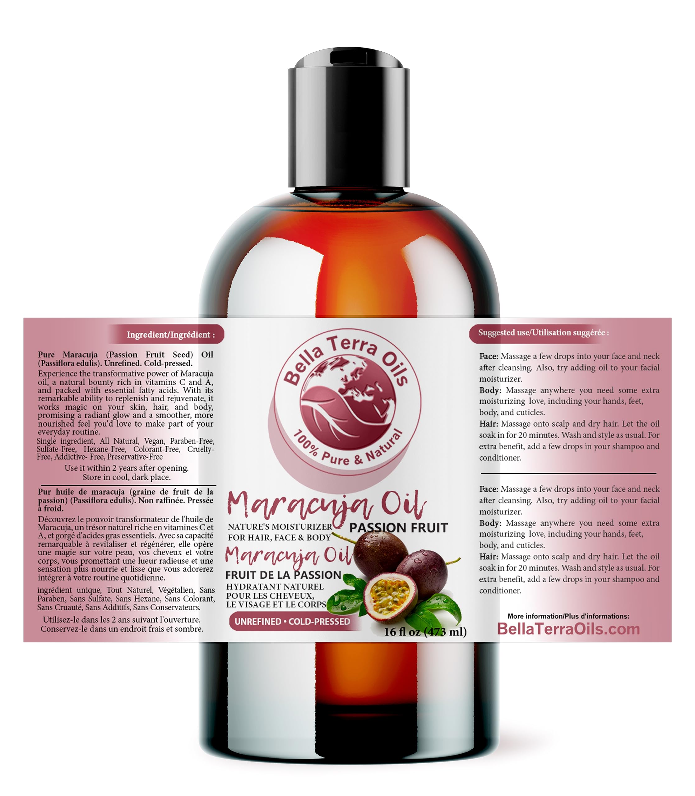 Close-up of Bella Terra Oils Maracuja seed oil label highlighting purity.