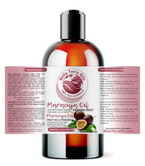 Close-up of Bella Terra Oils Maracuja seed oil label highlighting purity.