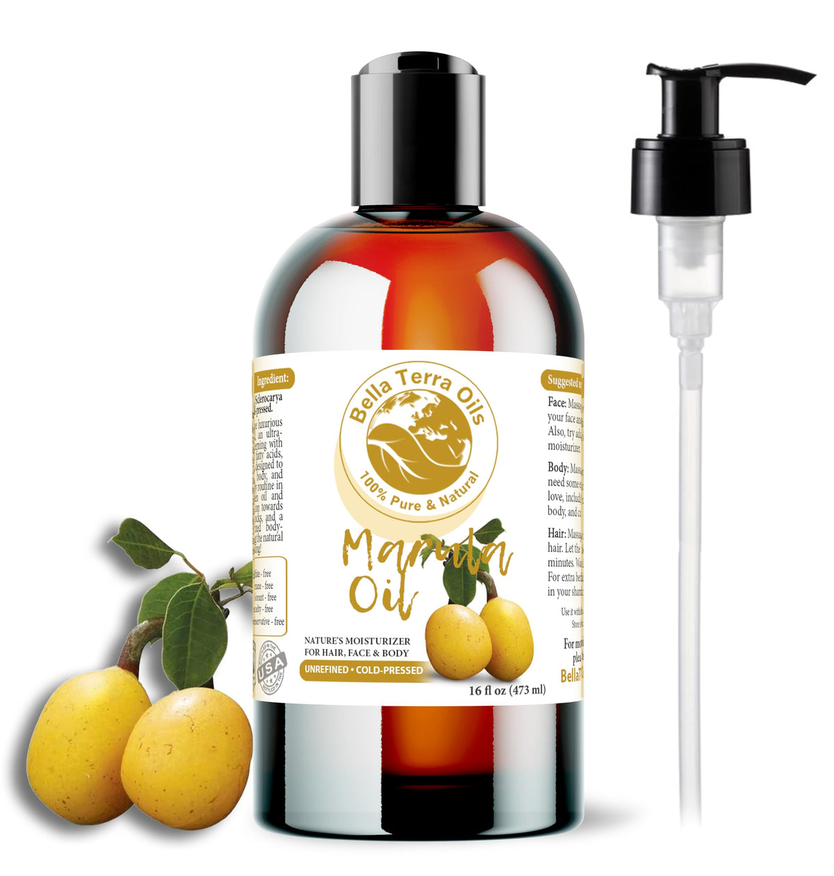 Bella Terra Oils marula oil bottle for radiant skin and hair