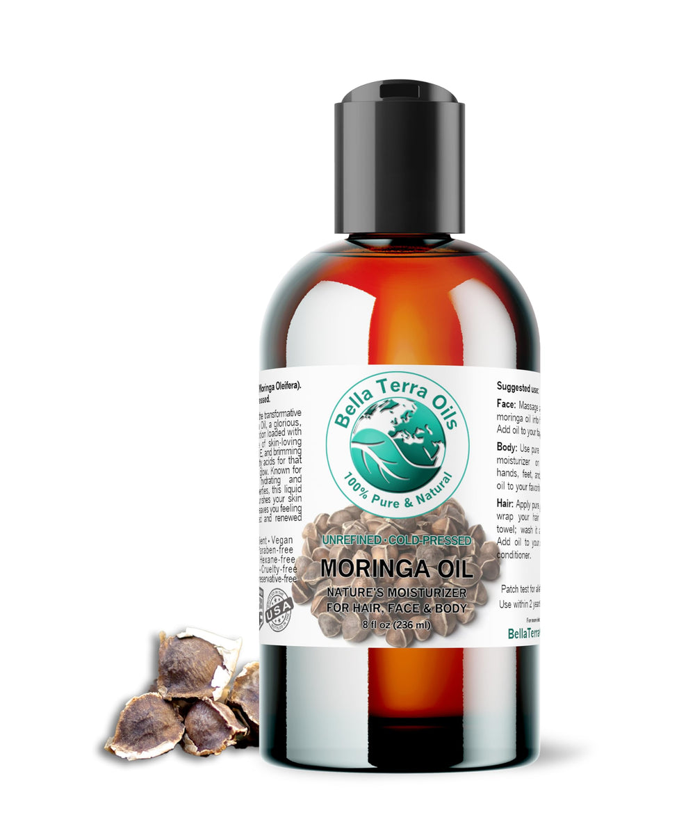 Bella Terra Oils Moringa Seed Oil 8oz bottle for skin nourishment.