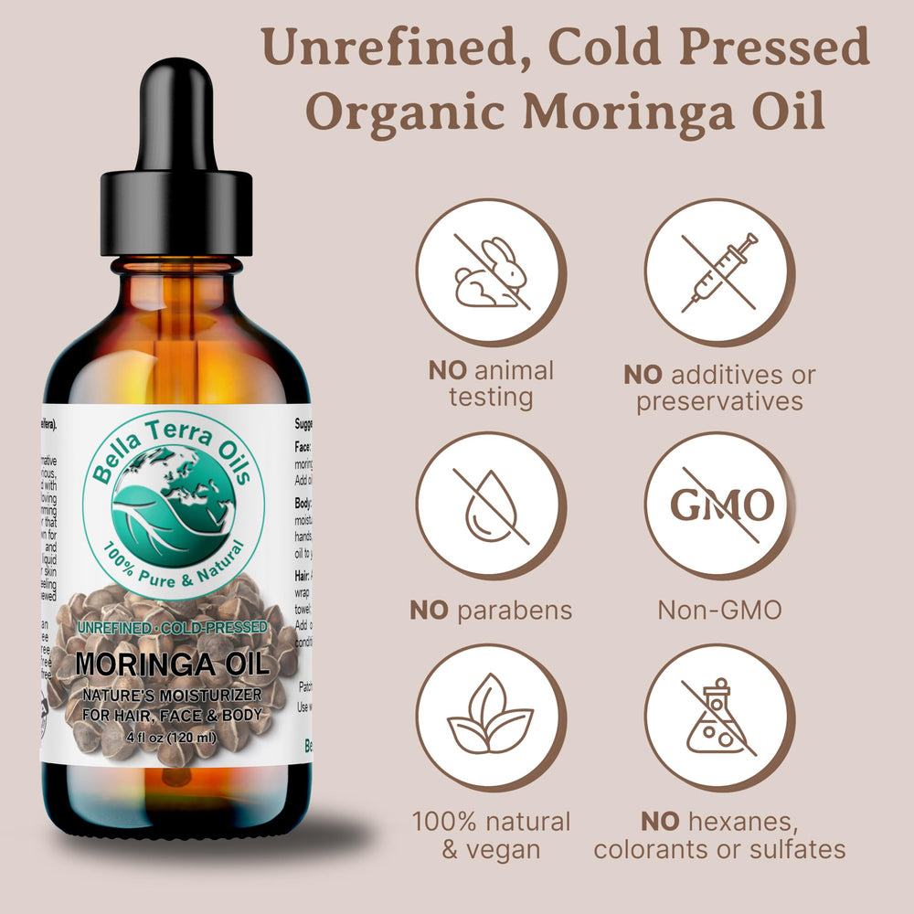 Bella Terra Oils Moringa Seed Oil amber glass bottle preserves freshness.