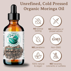 Bella Terra Oils Moringa Seed Oil amber glass bottle preserves freshness.