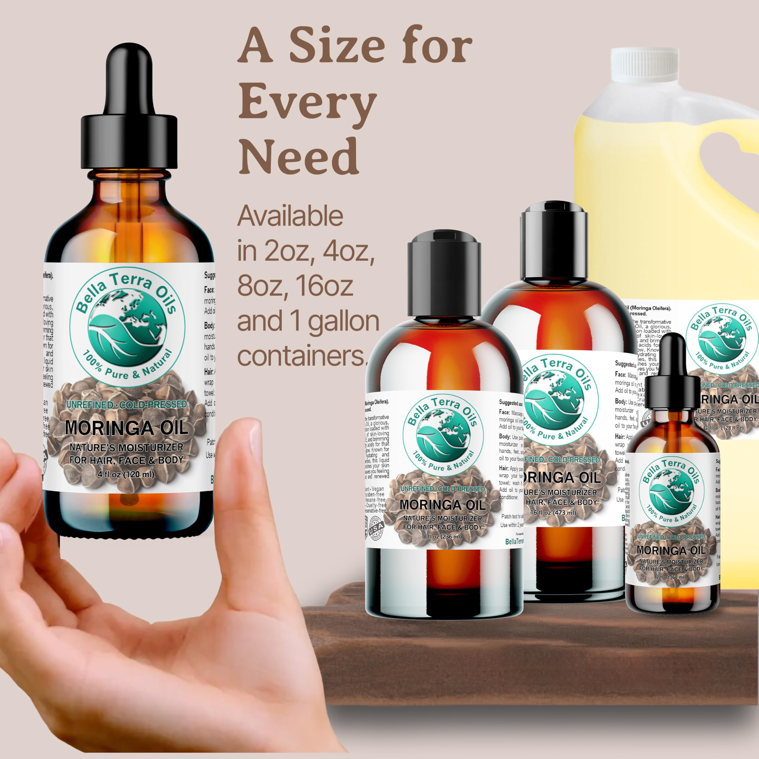 Bella Terra Oils Moringa Seed Oil natural formulation with no additives.