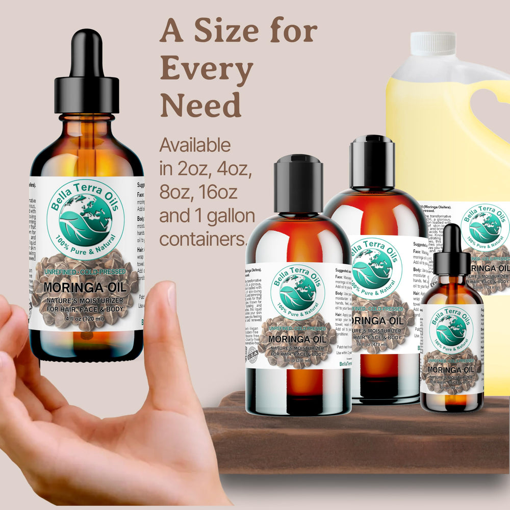 Bella Terra Oils Moringa Seed Oil natural formulation with no additives.