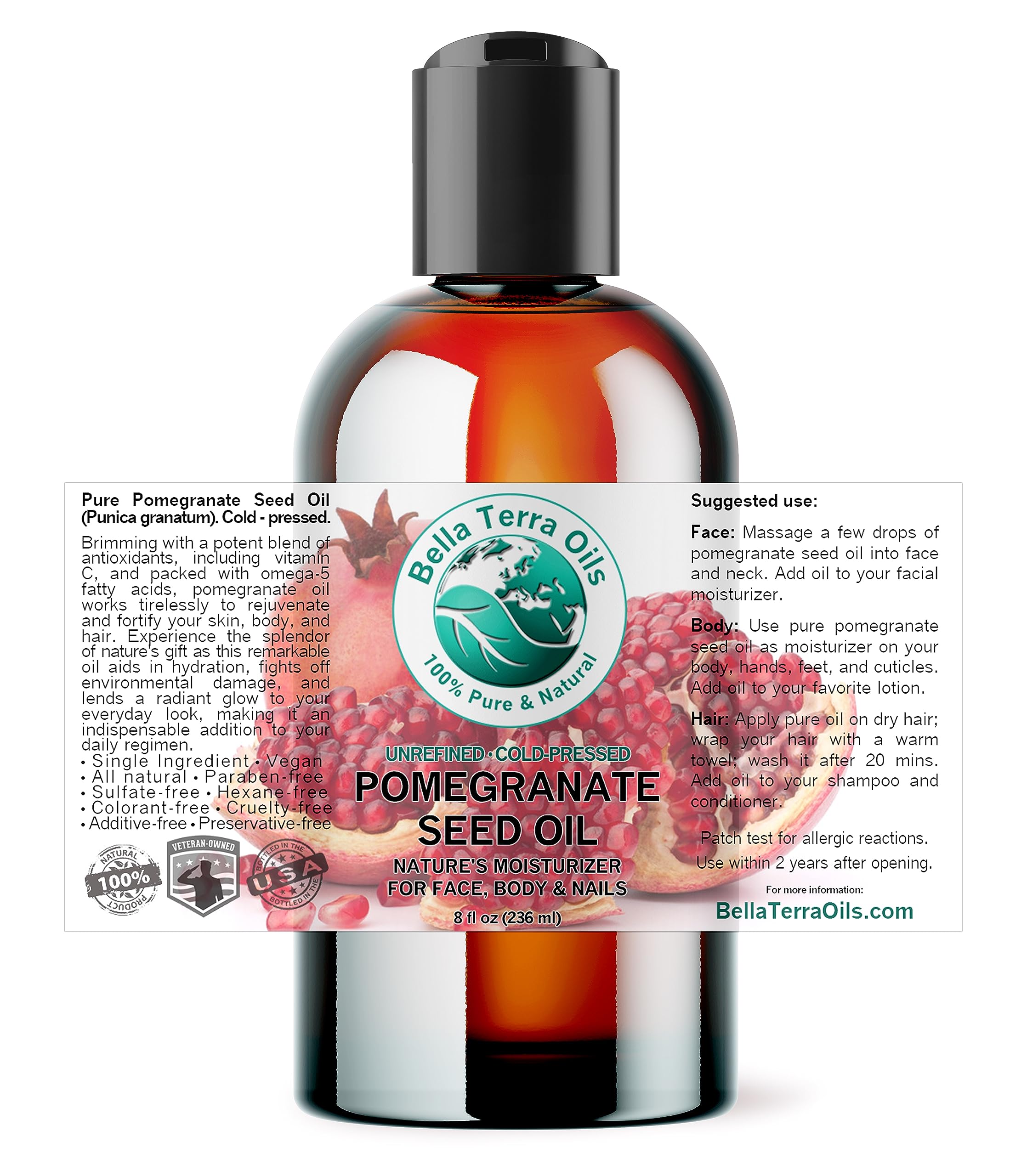 Bella Terra Oils pomegranate seed oil amber glass bottle showcases premium skincare.