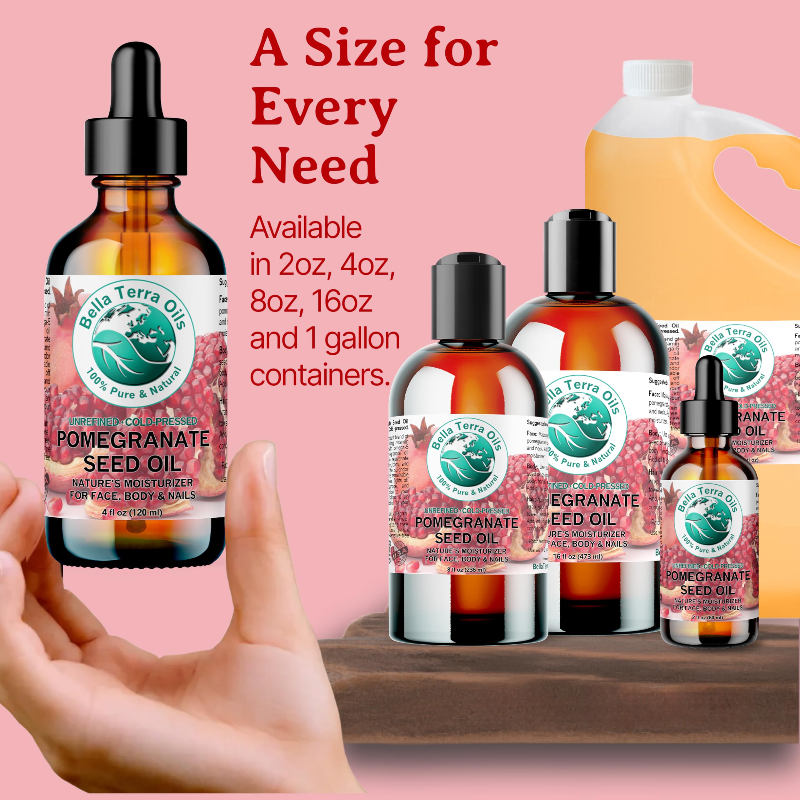 Bella Terra Oils pomegranate seed oil is a versatile choice for face and body care.