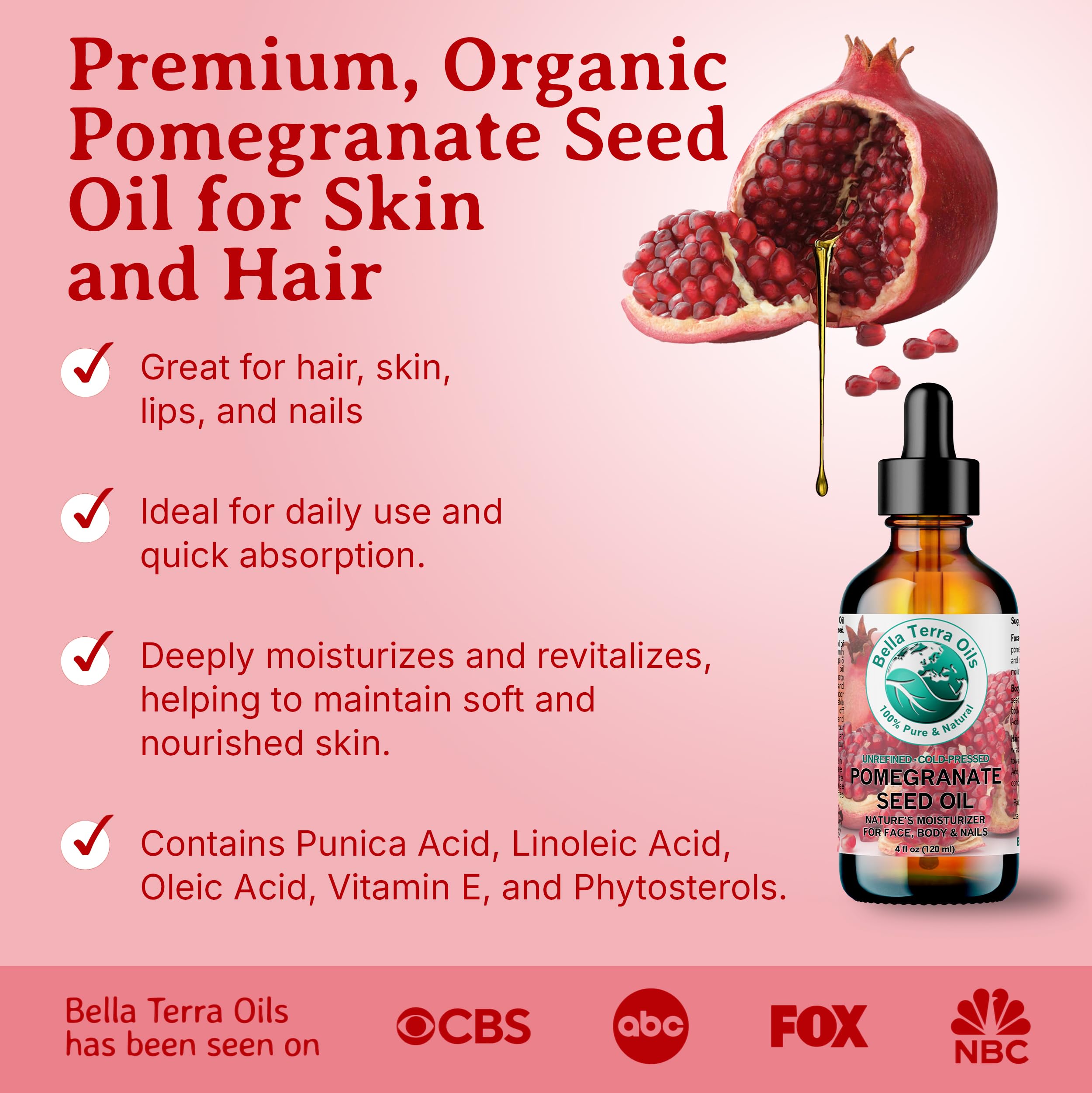 Bella Terra Oils pomegranate seed oil texture closeup reveals a golden, fast-absorbing liquid.