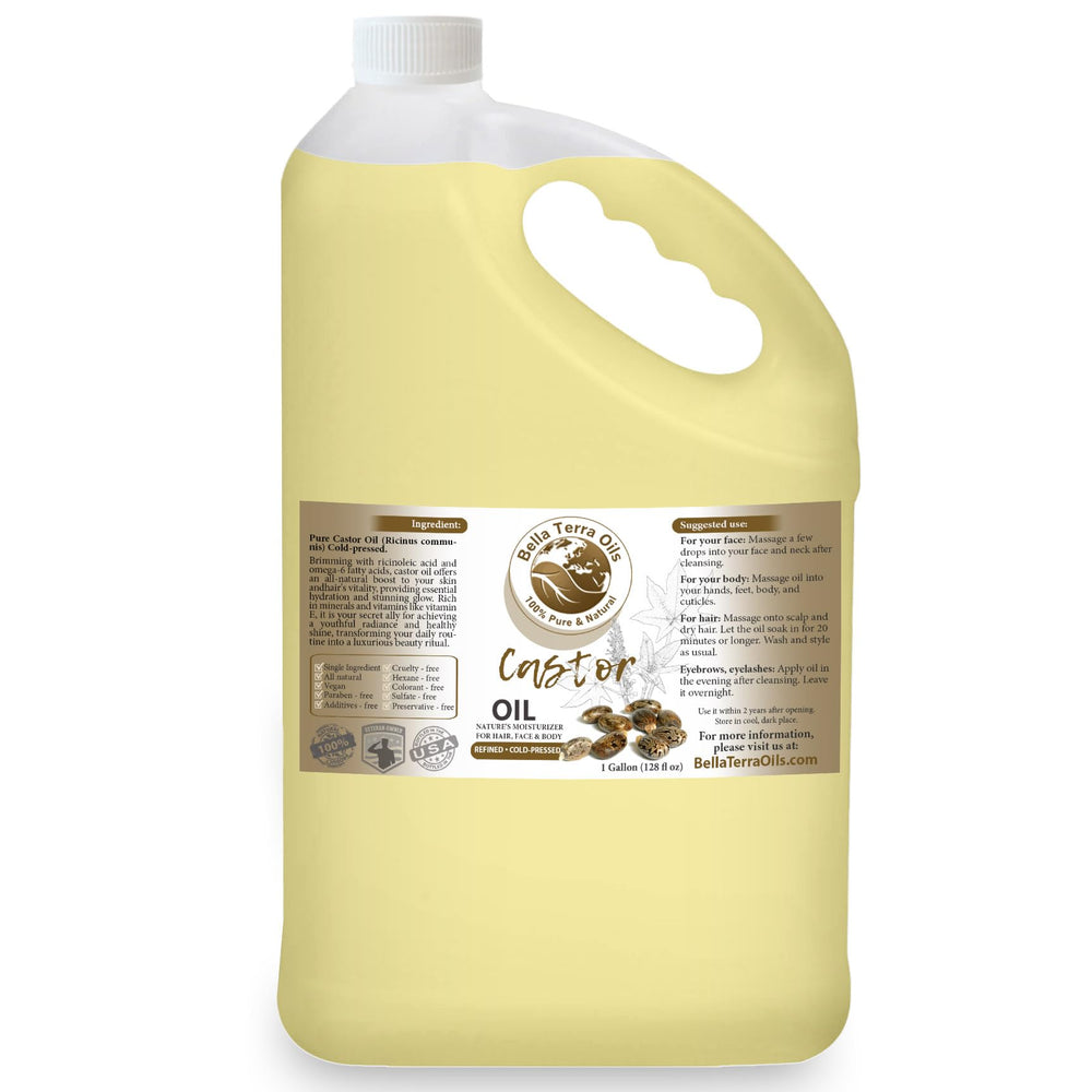 Bella Terra Oils castor oil bottle pour for intense hair moisture.