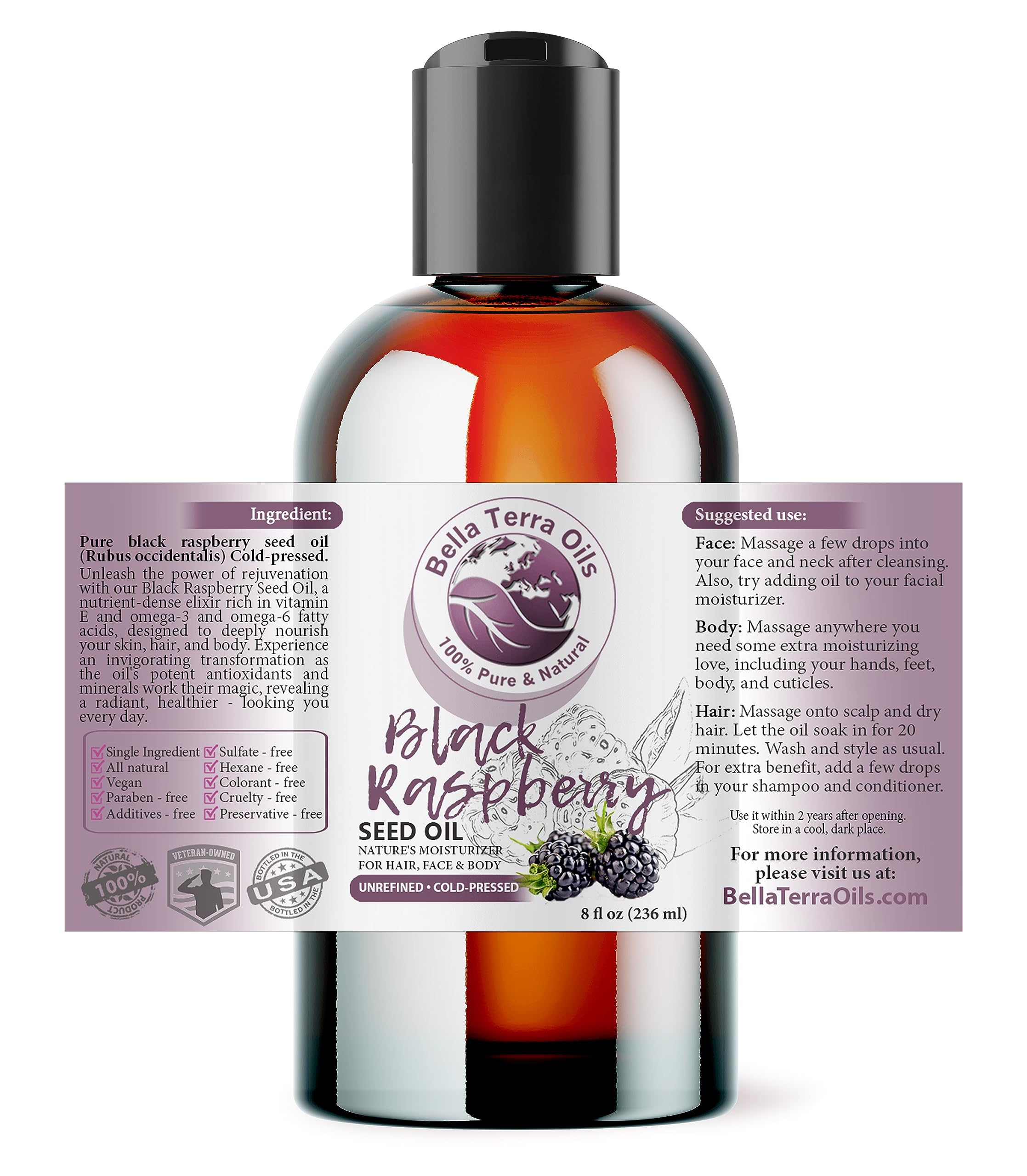 Bella Terra Oils raspberry seed oil with dropper for precise, mess-free application