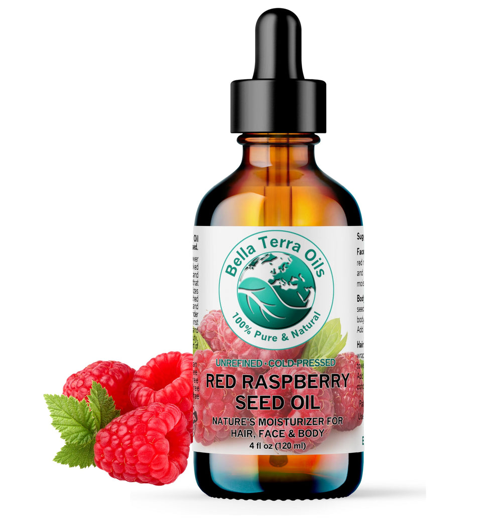Bella Terra Oils red raspberry seed oil bottle on shelf for daily skin nourishment.