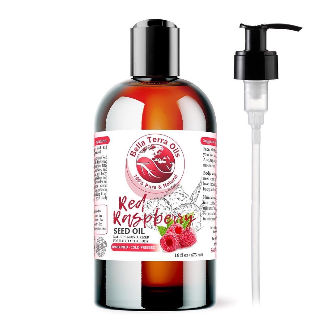 Bella Terra Oils red raspberry seed oil bottle, antioxidant-rich skin nourishment.