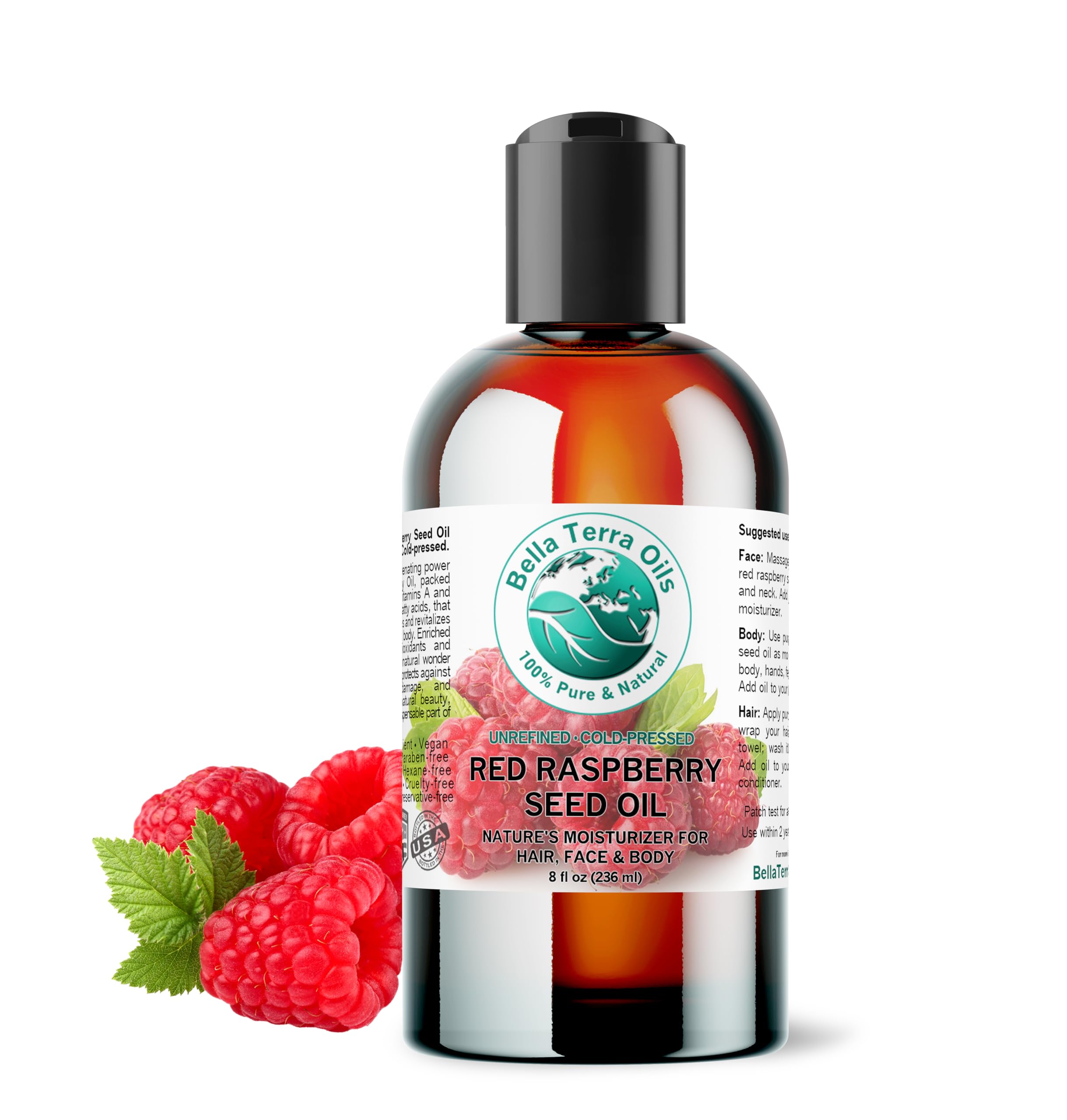 Bella Terra Oils red raspberry seed oil bottle for daily skin nourishment