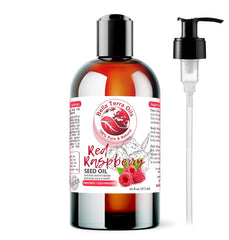 Bella Terra Oils red raspberry seed oil bottle, antioxidant-rich skin nourishment.