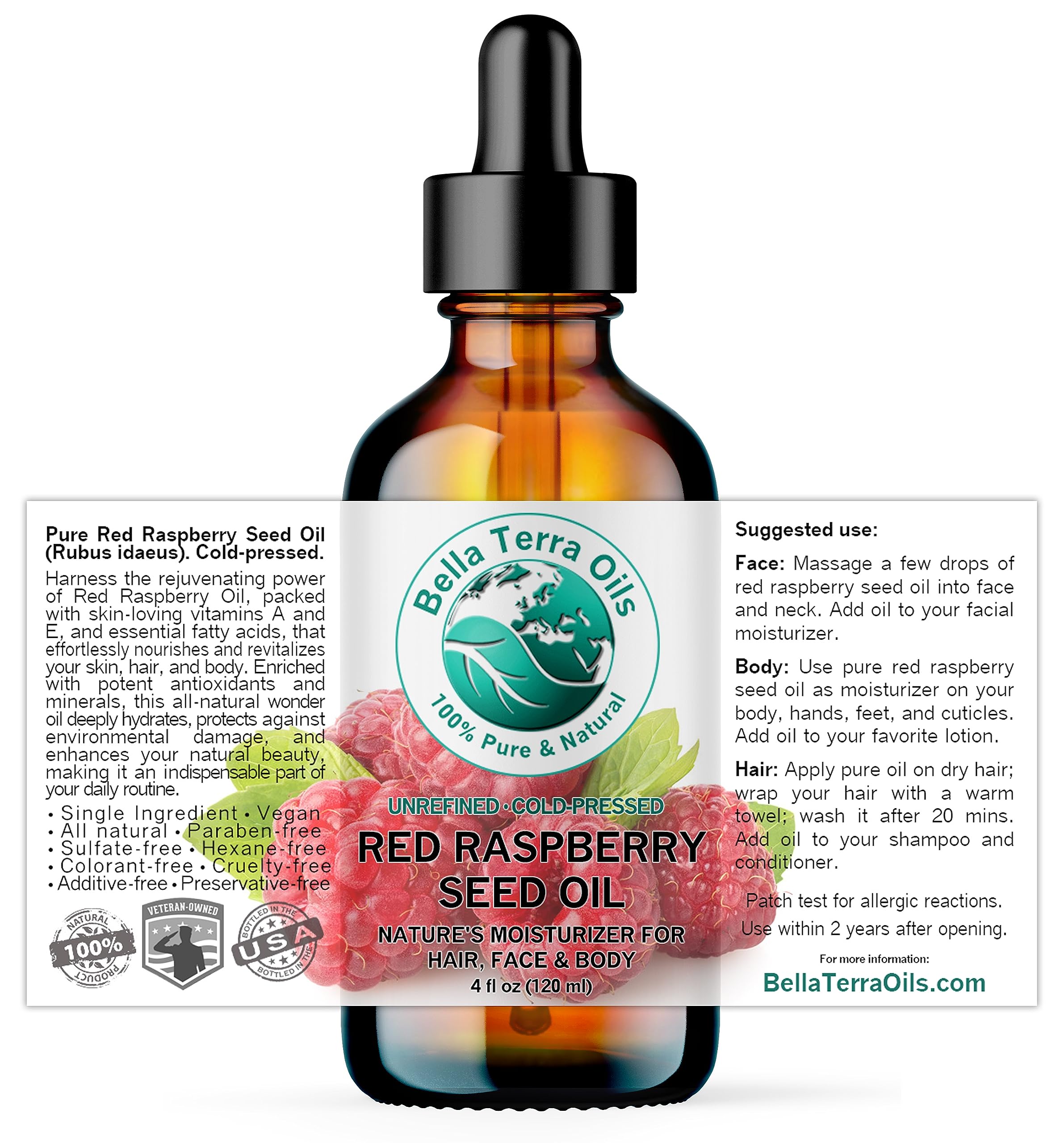 Bella Terra Oils red raspberry seed oil dropper releasing a lightweight hydrate.