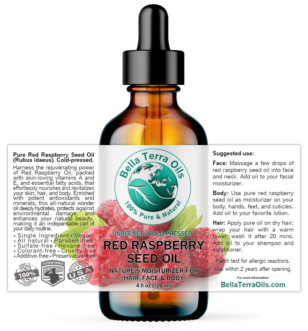 Bella Terra Oils red raspberry seed oil dropper releasing a lightweight hydrate.
