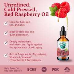 Bella Terra Oils red raspberry seed oil label showing purity and omega content