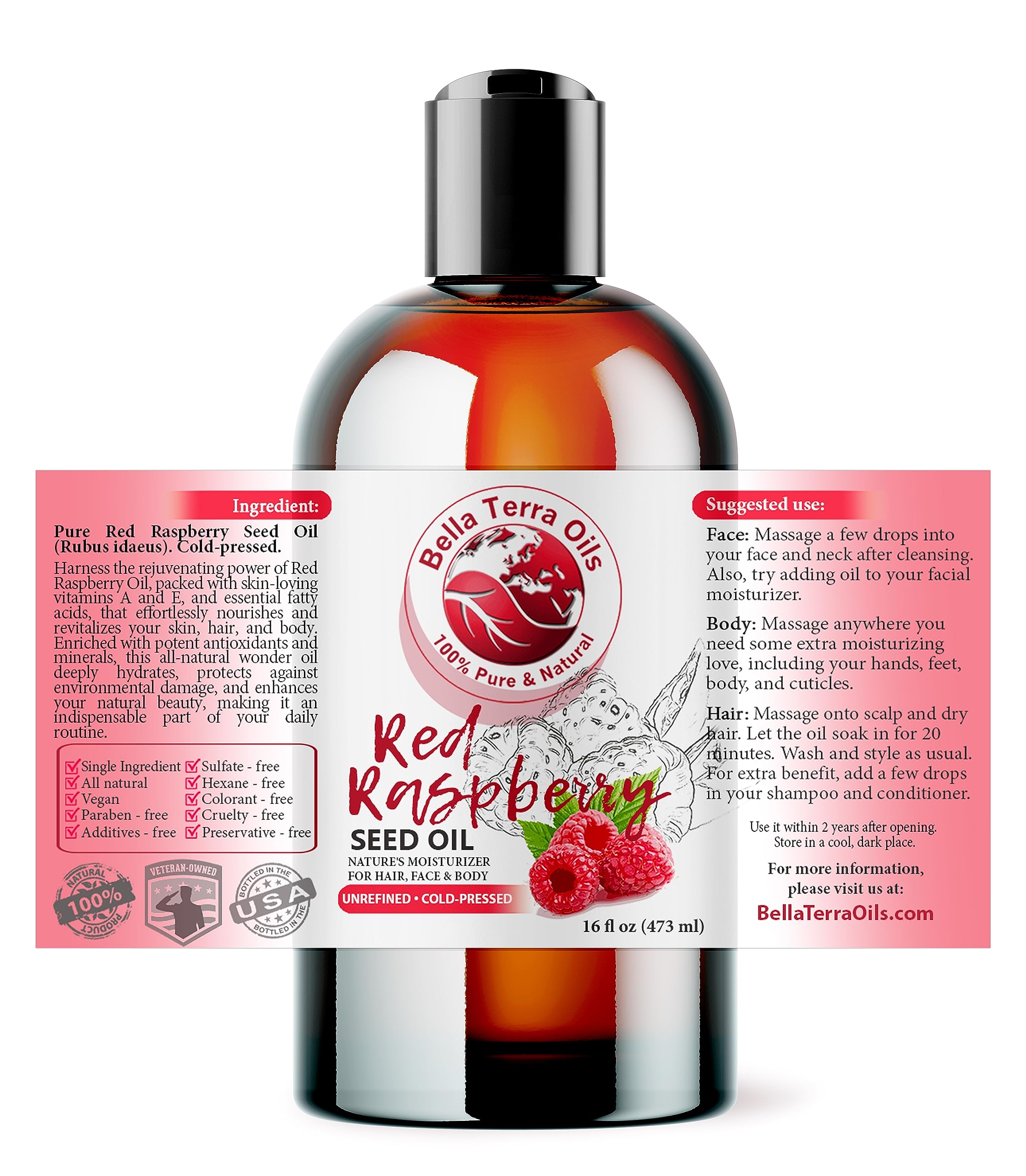 Bella Terra Oils red raspberry seed oil pour, easy daily skin conditioning.