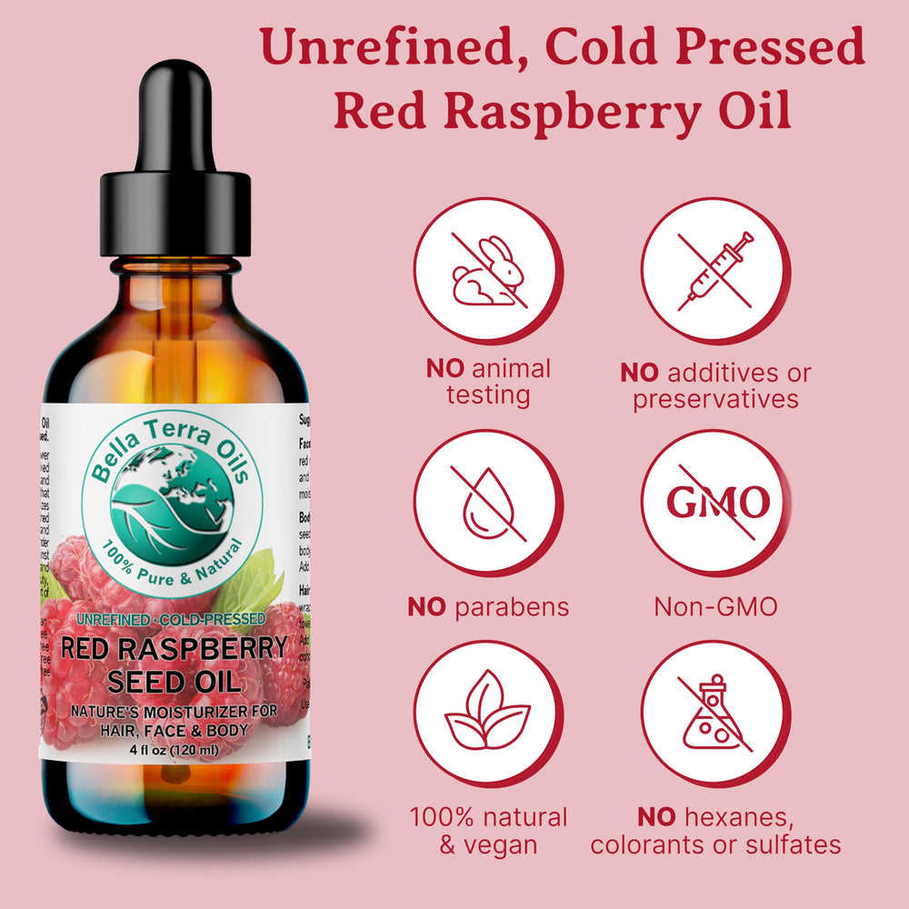 Bella Terra Oils raspberry seed oil texture close-up on skin.