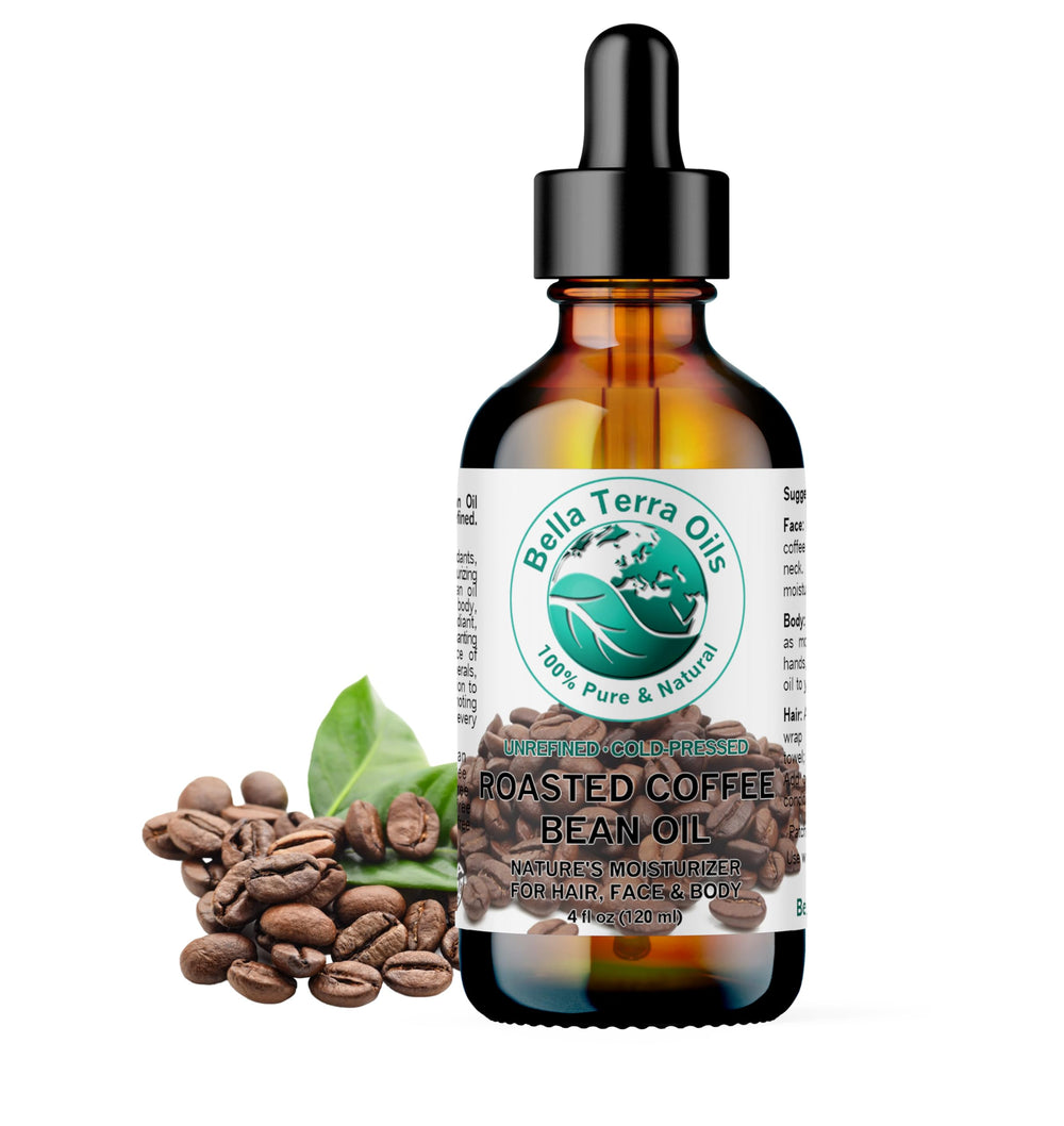 Bella Terra Oils roasted coffee bean oil bottle for luxurious skincare hydration.