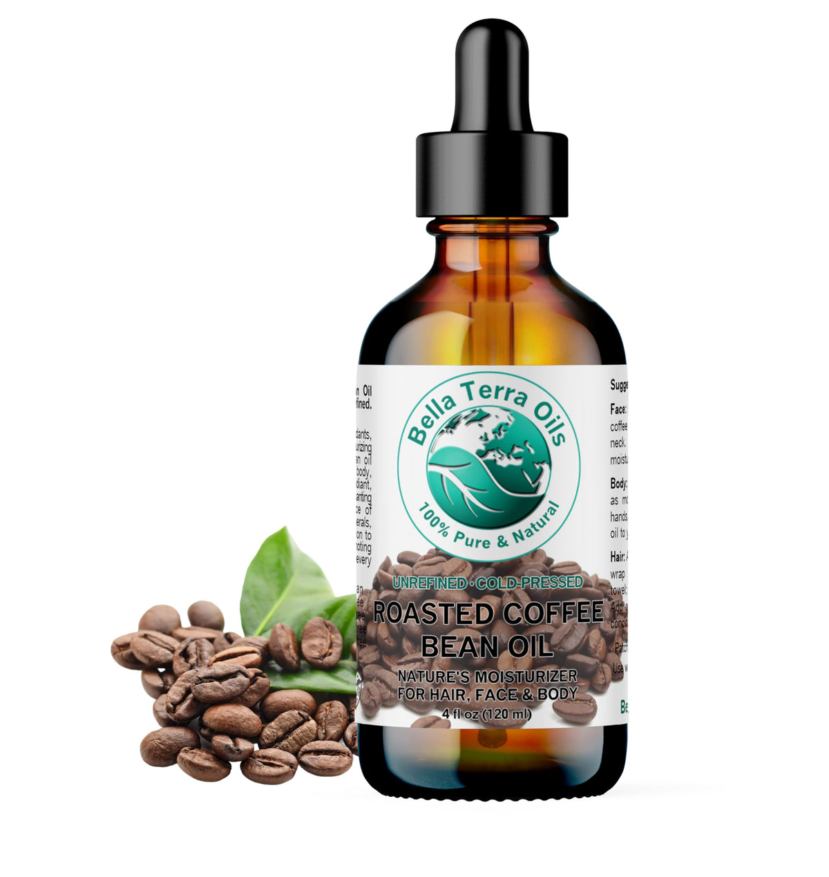 Bella Terra Oils roasted coffee bean oil bottle for luxurious skincare hydration.