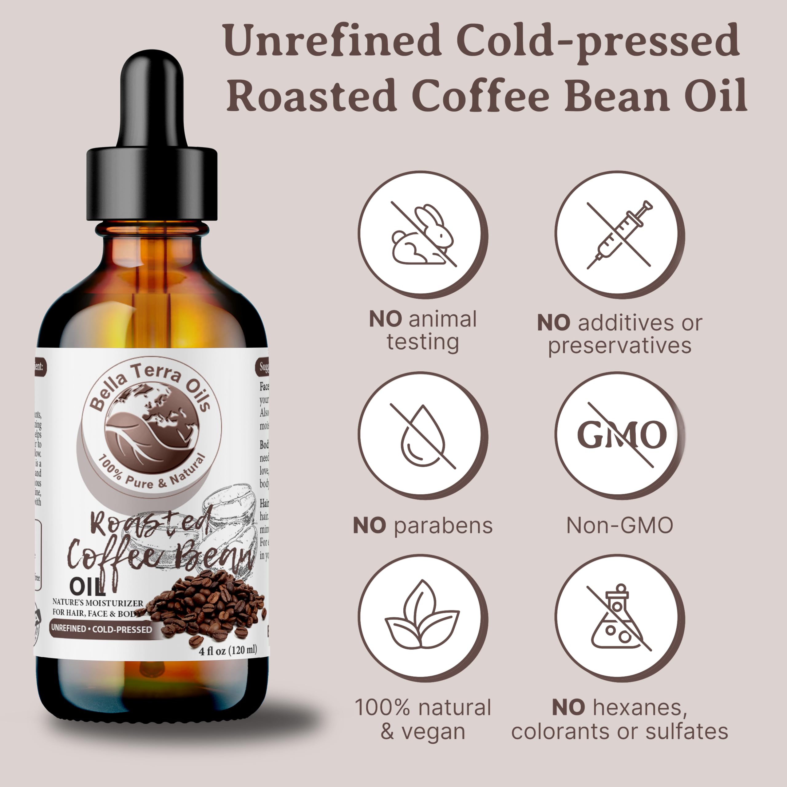Bella Terra Oils roasted coffee bean oil ingredients closeup highlights key nutrients.