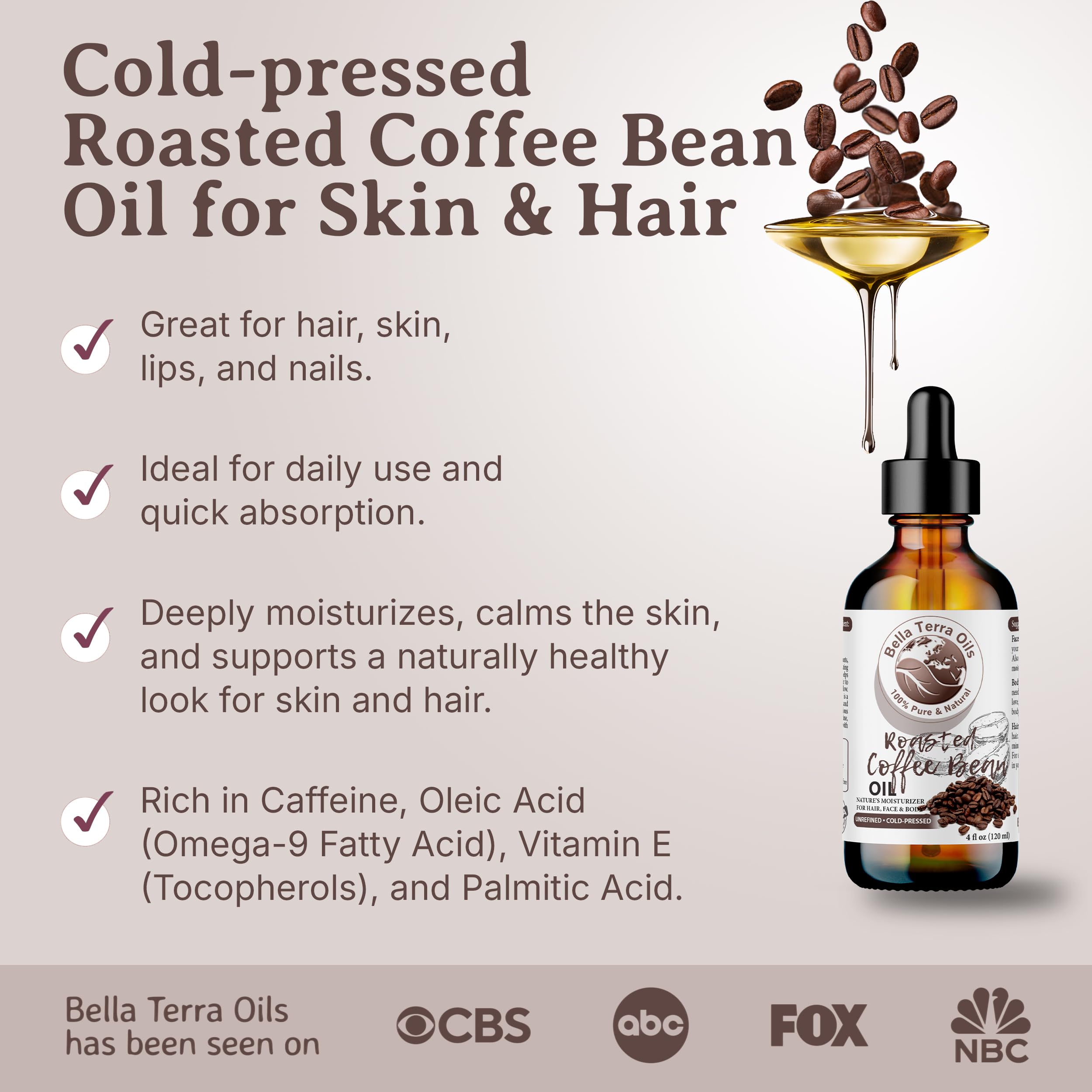 Bella Terra Oils roasted coffee bean oil label closeup shows premium ingredients.