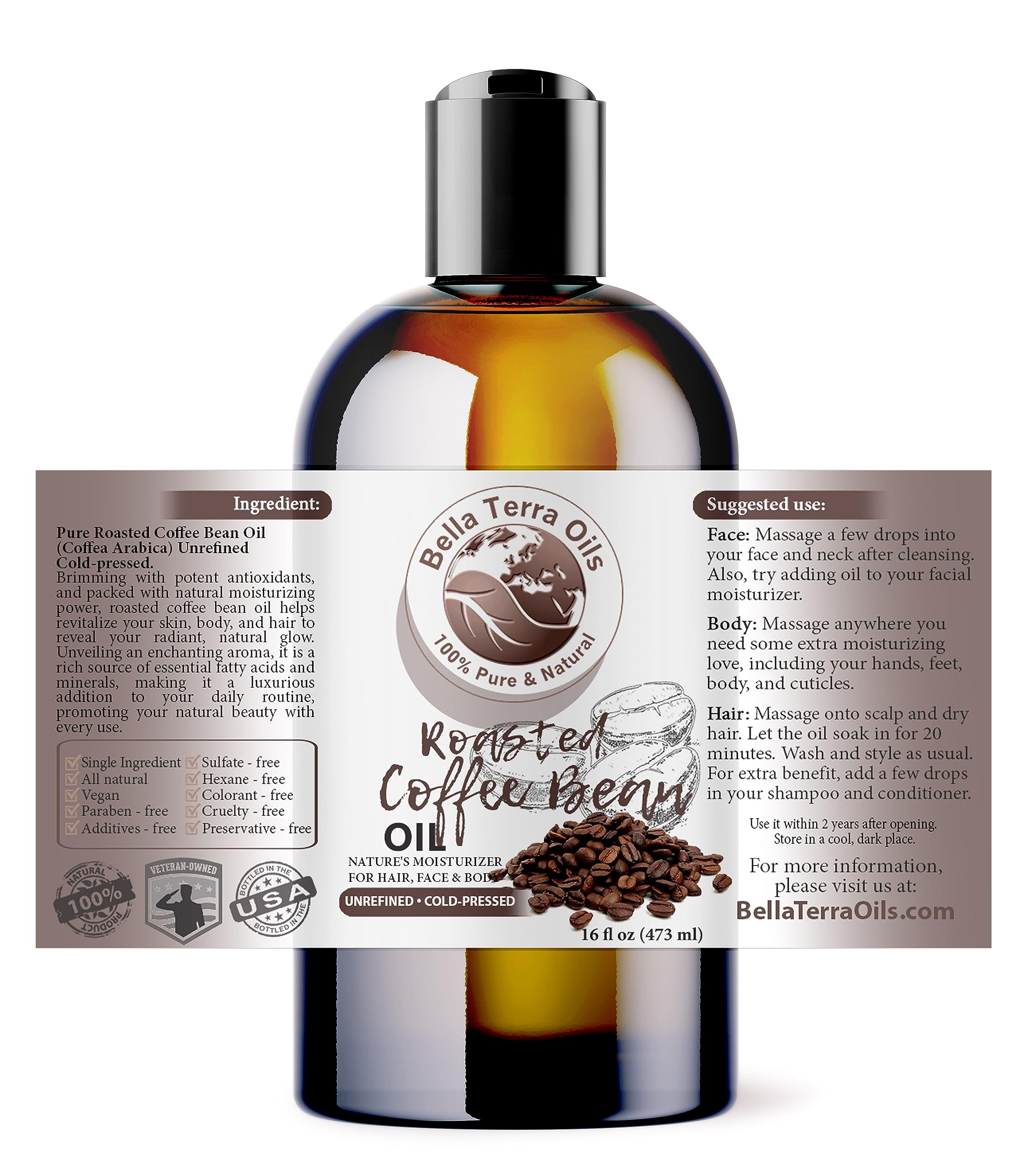Bella Terra Oils roasted coffee bean oil pour action demonstrates easy application.