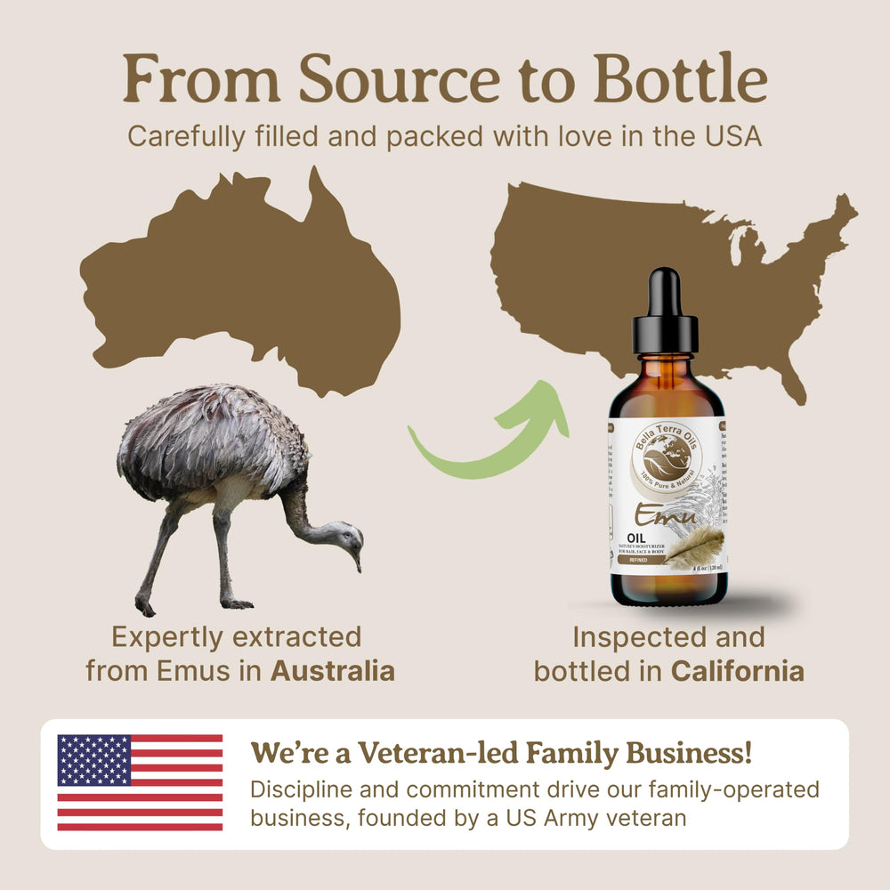 Bella Terra Oils Emu Oil supports hair vitality and scalp nourishment.