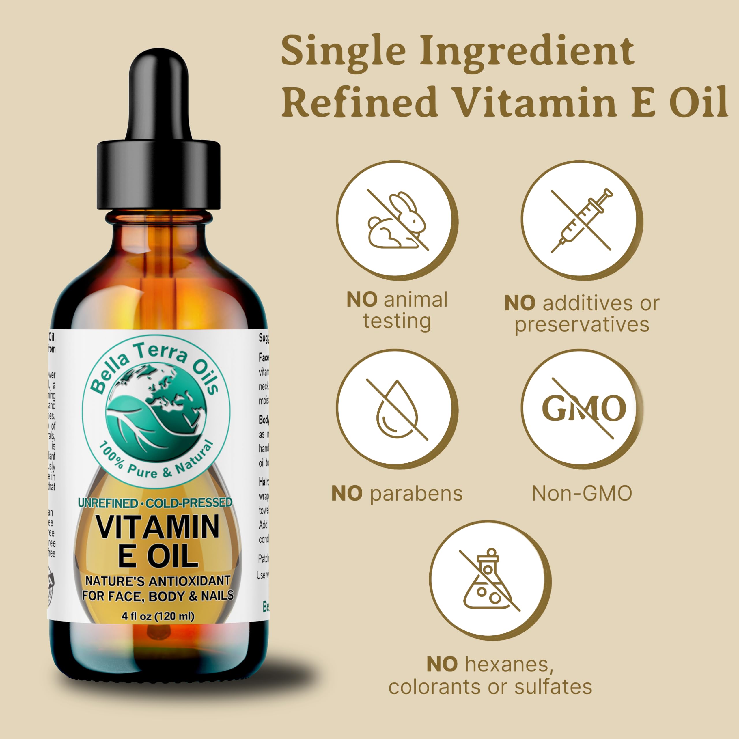 Bella Terra Oils Vitamin E oil close-up shows clear, lightweight texture for facial care.