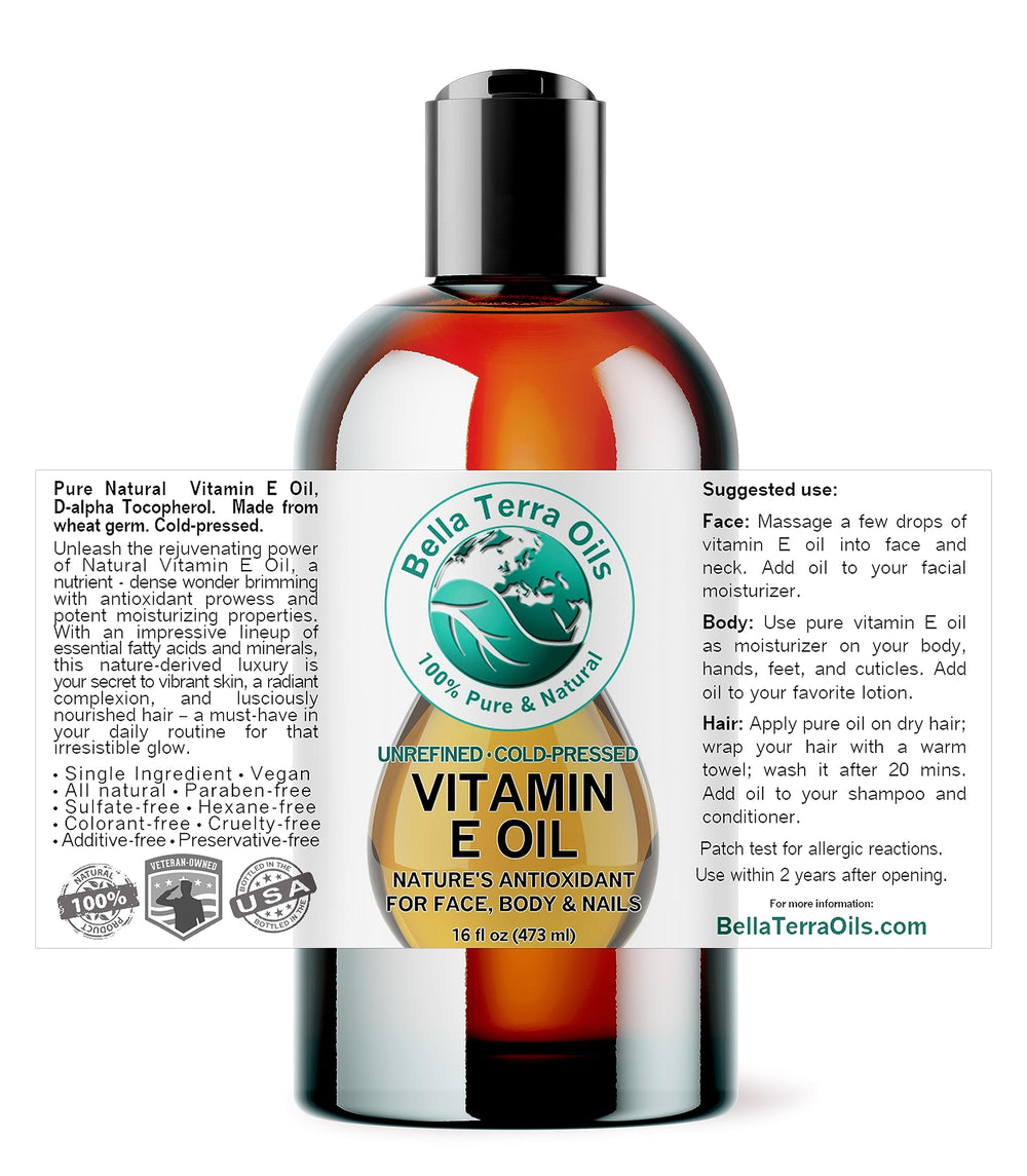 Bella Terra Oils Vitamin E oil dropper showcases easy application for daily skincare rituals.