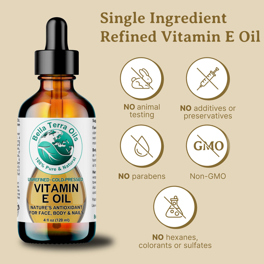 Bella Terra Oils Organic Vitamin E Oil highlights natural glow.