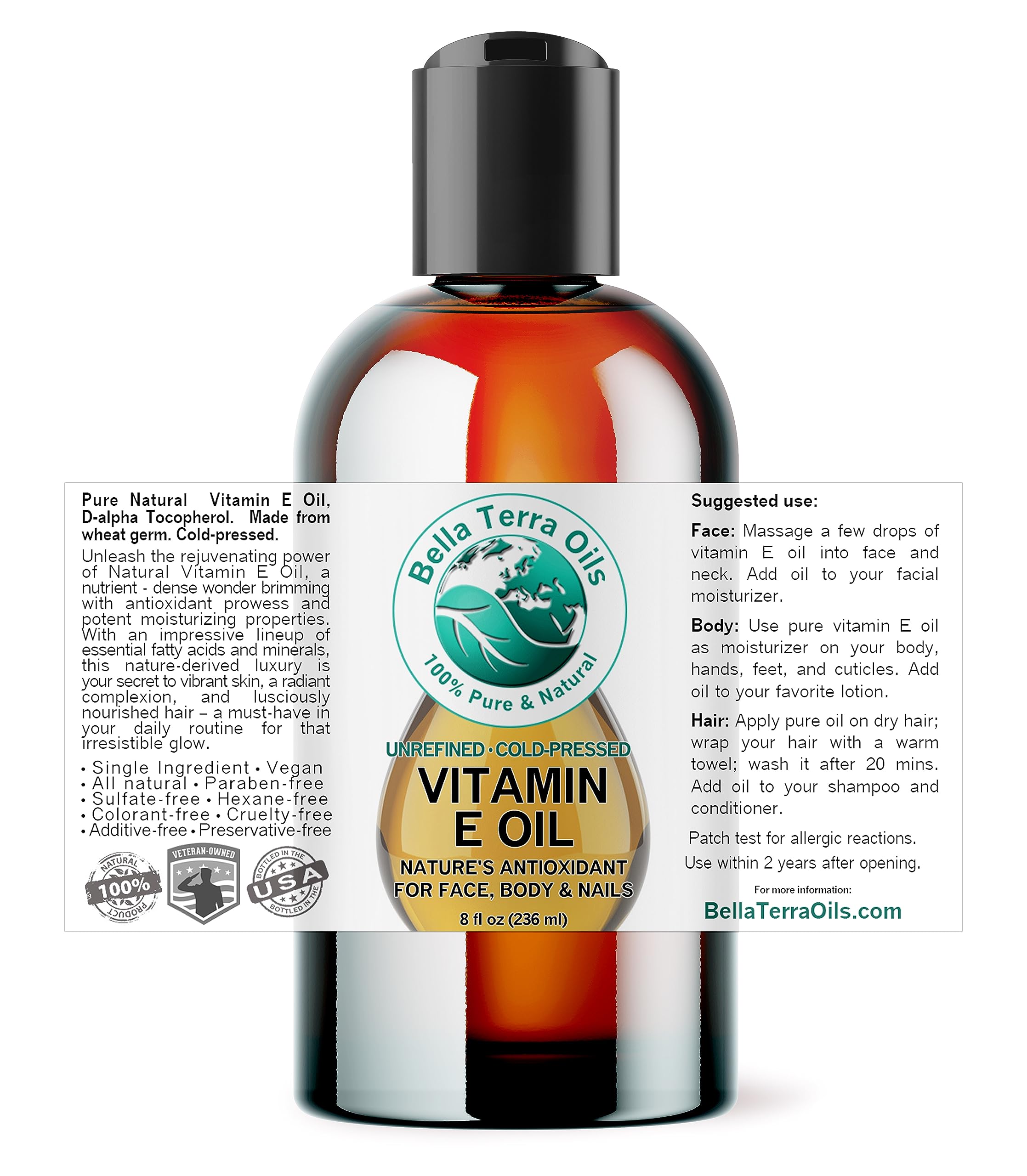 Bella Terra Oils Vitamin E Oil pour action enables controlled application.
