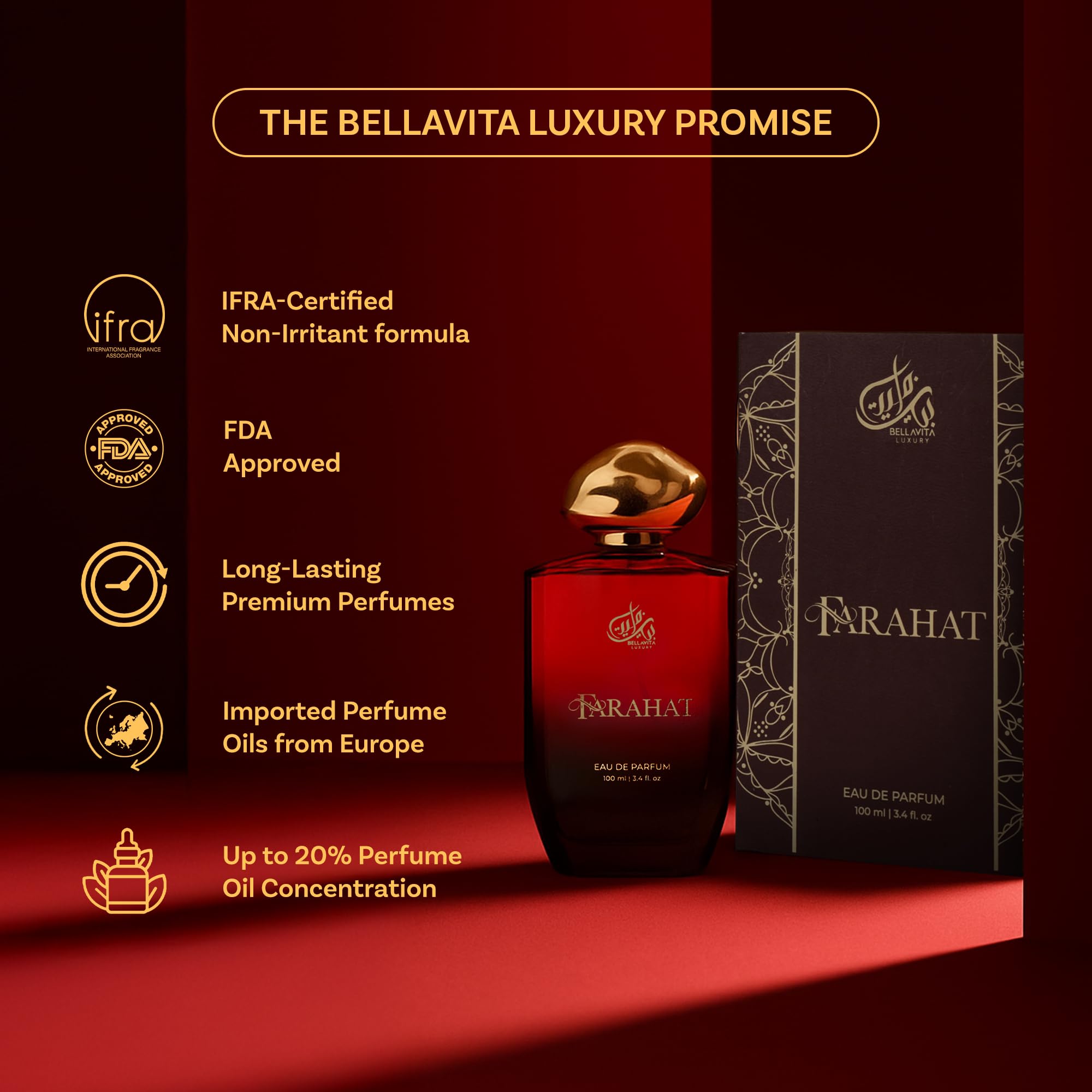 Bella Vita Luxury Farahat woody-amber profile complements versatile wear.