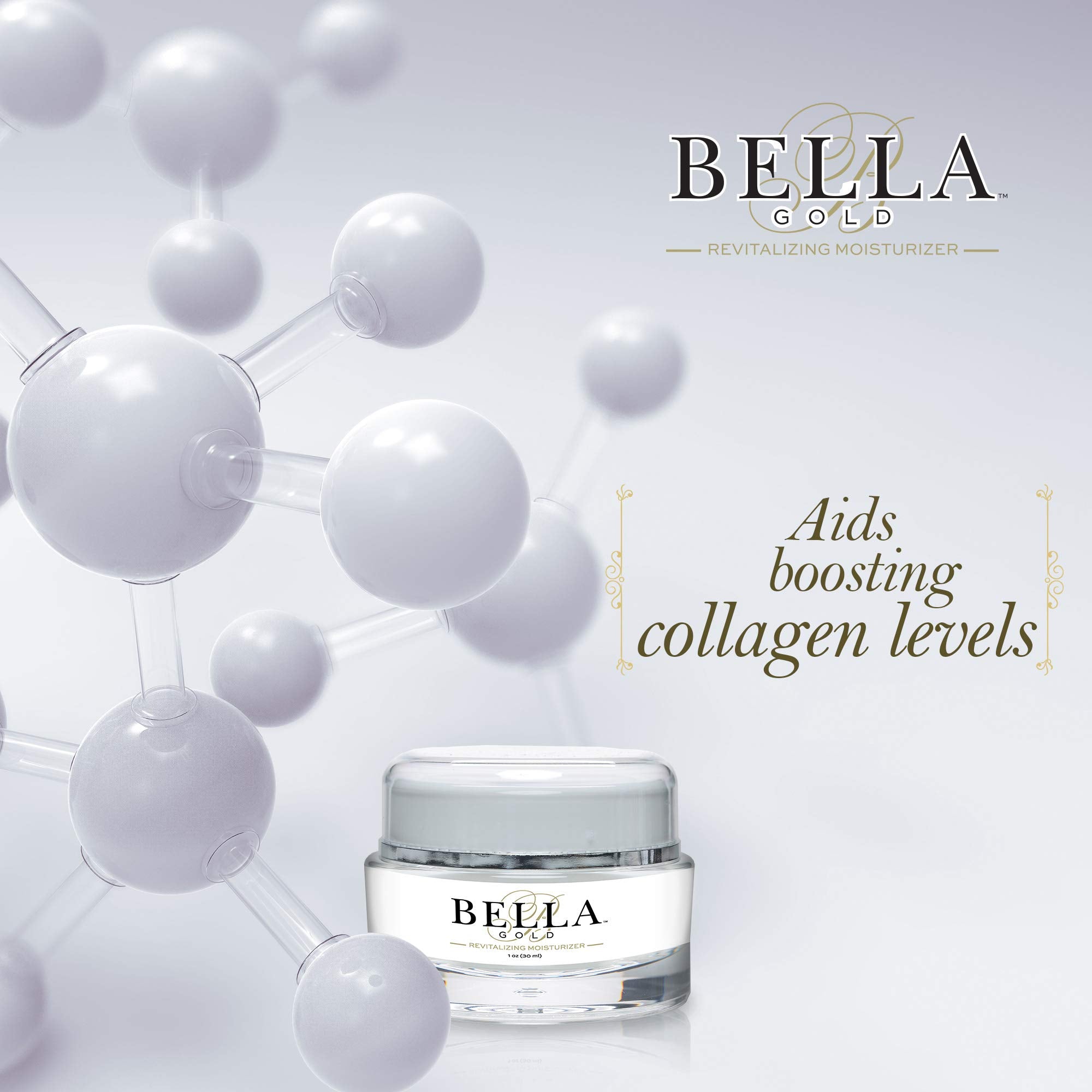 Bella Gold Revitalizing Moisturizer counter setup for daily skincare ritual.
