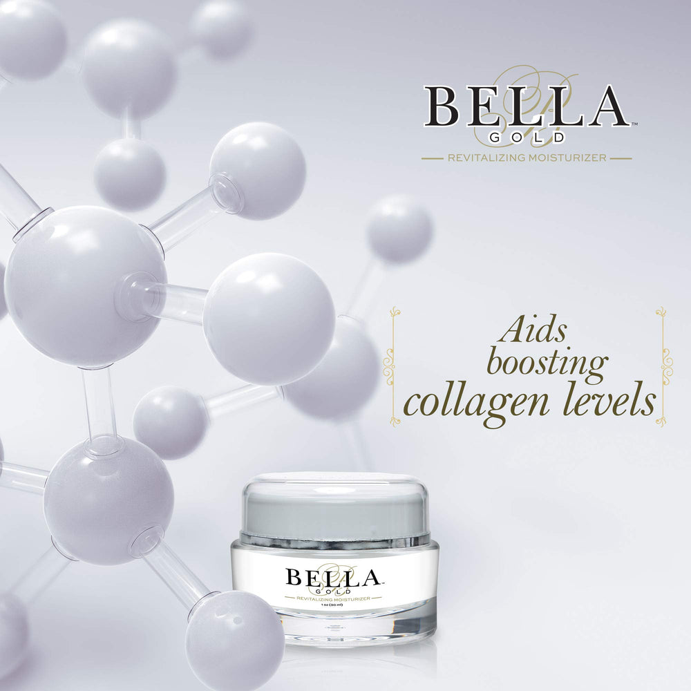 Bella Gold Revitalizing Moisturizer counter setup for daily skincare ritual.