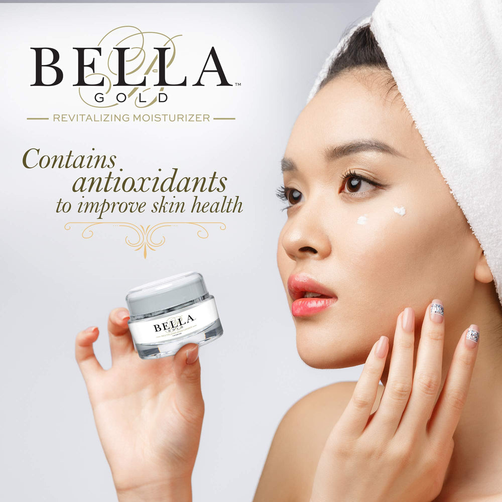 Bella Gold Revitalizing Moisturizer night routine photographed in dim bathroom light.