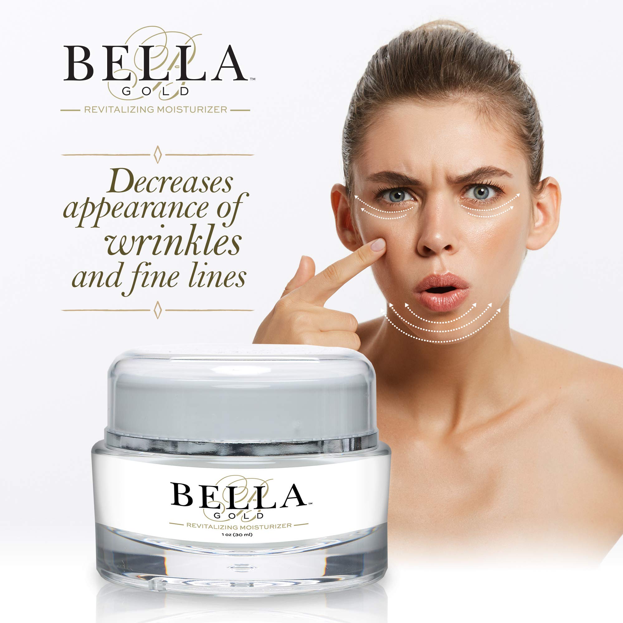 Bella Gold Revitalizing Moisturizer packaging on a clean vanity.