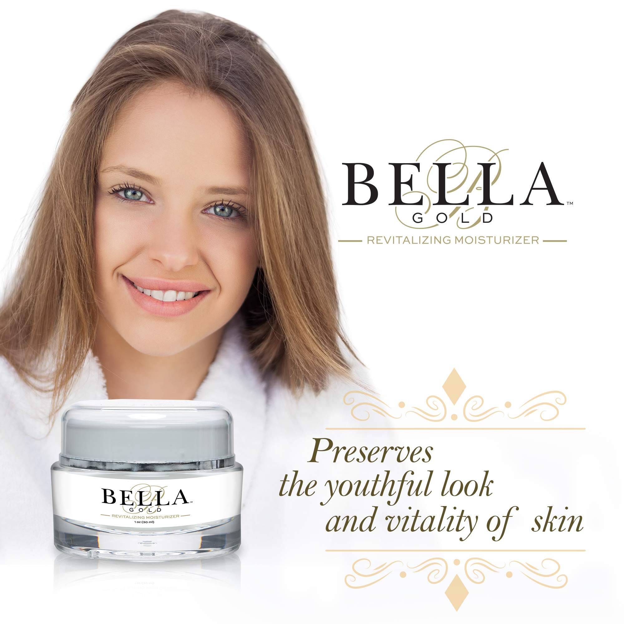 Bella Gold Revitalizing Moisturizer silky texture glides onto skin.