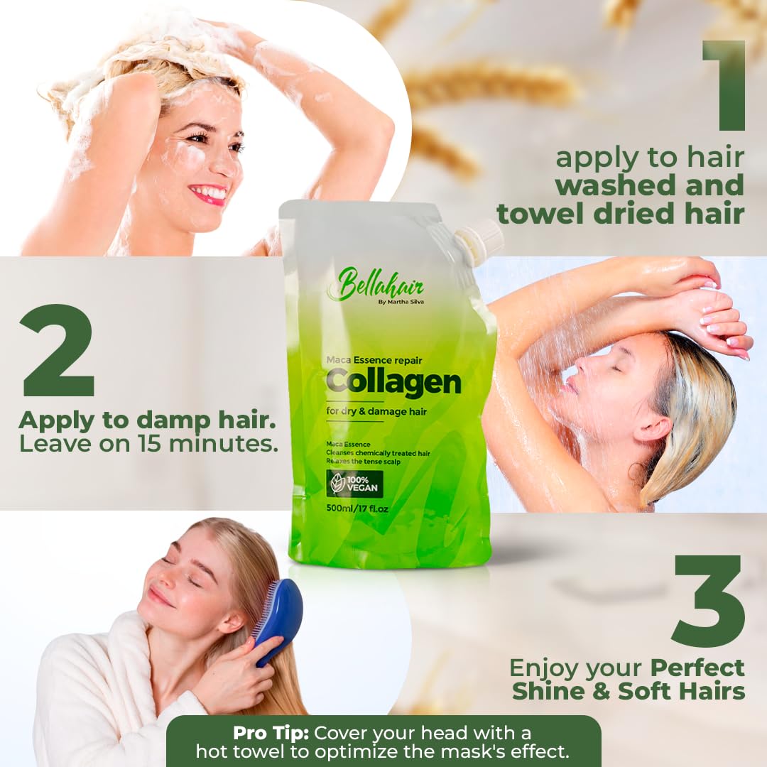 Bellahair hydrolyzed keratin mask application demonstrates deep conditioning from roots to tips.